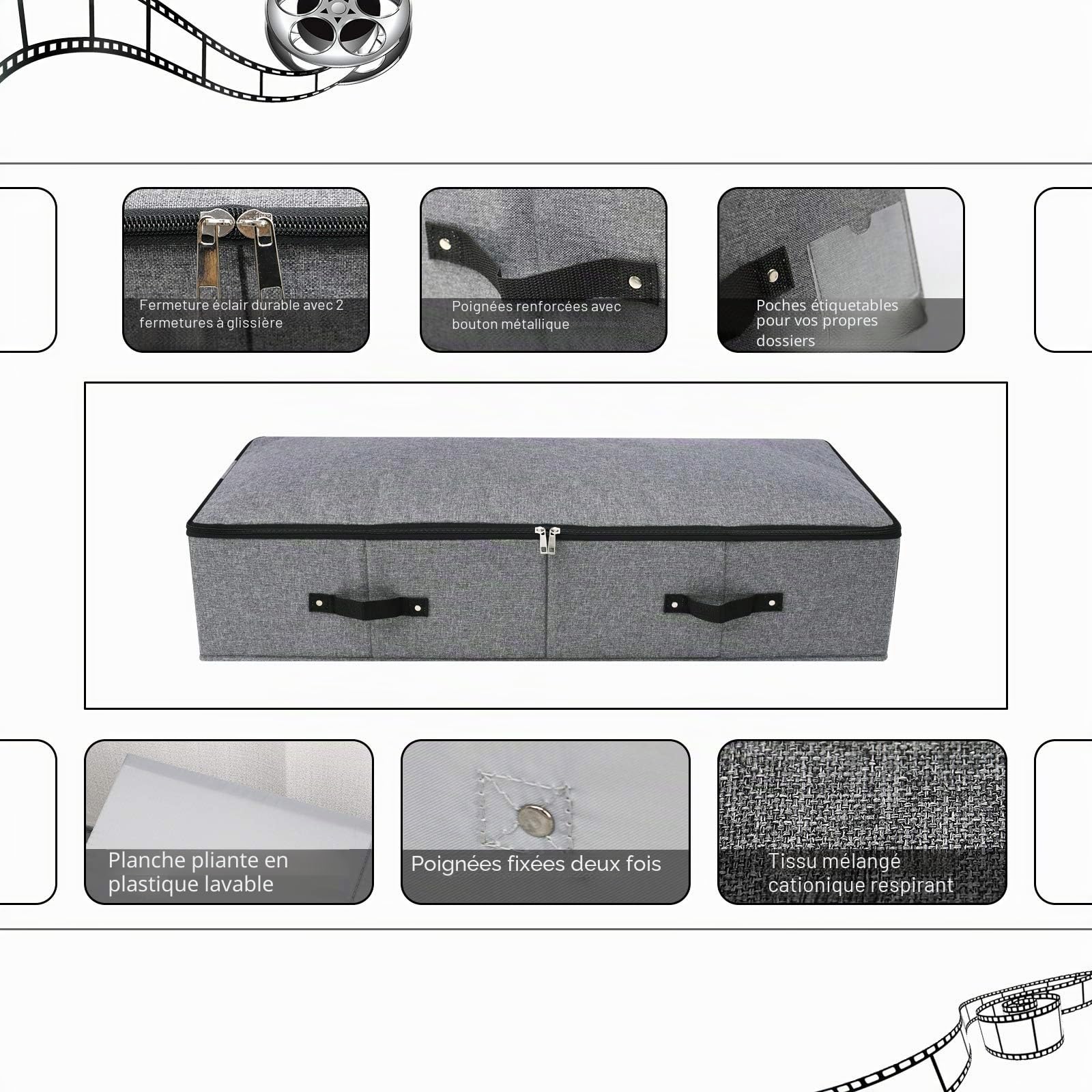 Lot de 2 boîtes de rangement pliables sous le lit avec doublure de support en plastique, 6 poignées, couvercle à fermeture éclair, couvertures, vêtements, couettes, paniers de rangement pour chambre à