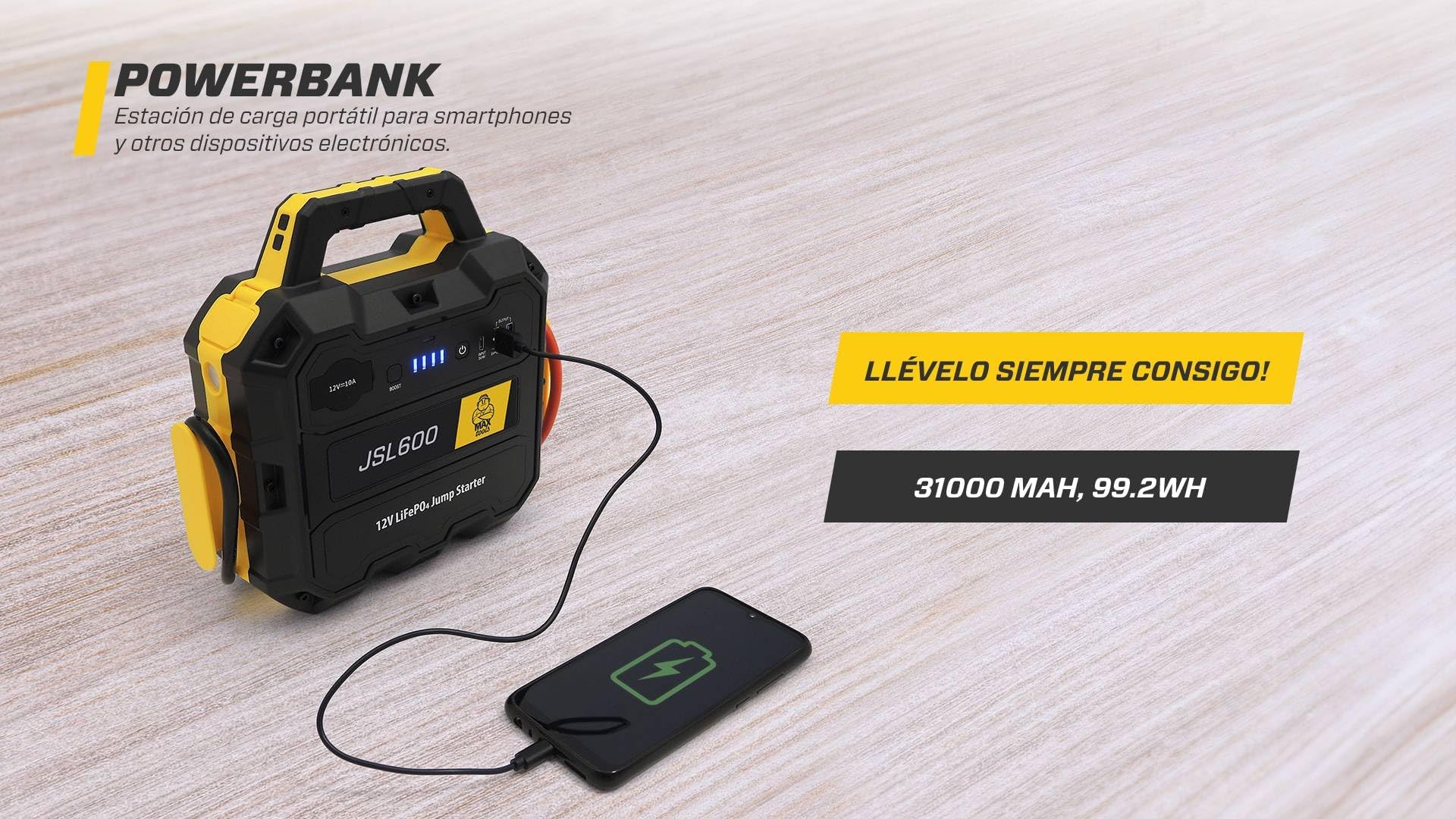 Maxtools, JSL600, Arrancador de Emergencia Profesional 12V 3600A para Coches, todoterrenos, vehículos Todo Terreno, autocaravanas y vehículos comerciales, Pack de batería y Cargador rápido QC3.0