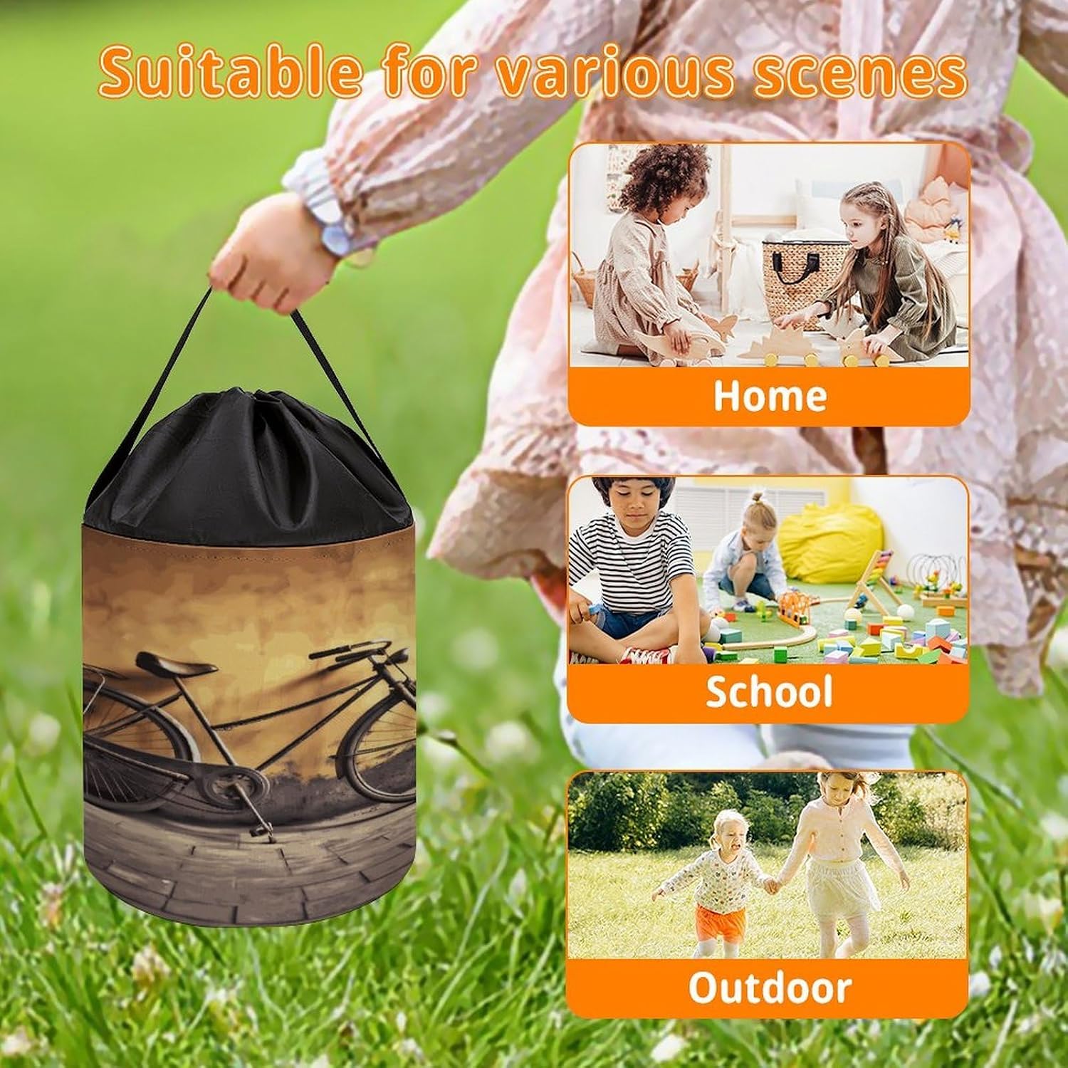 Old Bicycle Storage Bag Large Reusable,Storage Box with Handle Drawstringm, Toy Storage Organizer Travel Case for Building Toys for Puzzles, Building Blocks, Board Game, Stationery, Books image 5
