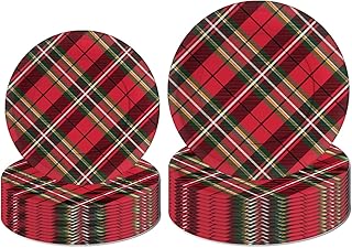 LeZakaa 50Pcs Christmas Paper Plates Sets - Vintage Red and Black Plaid Design Disposable Party Plates Decorative Tableware Supplies Table Decor - 7 Inch & 9 Inch