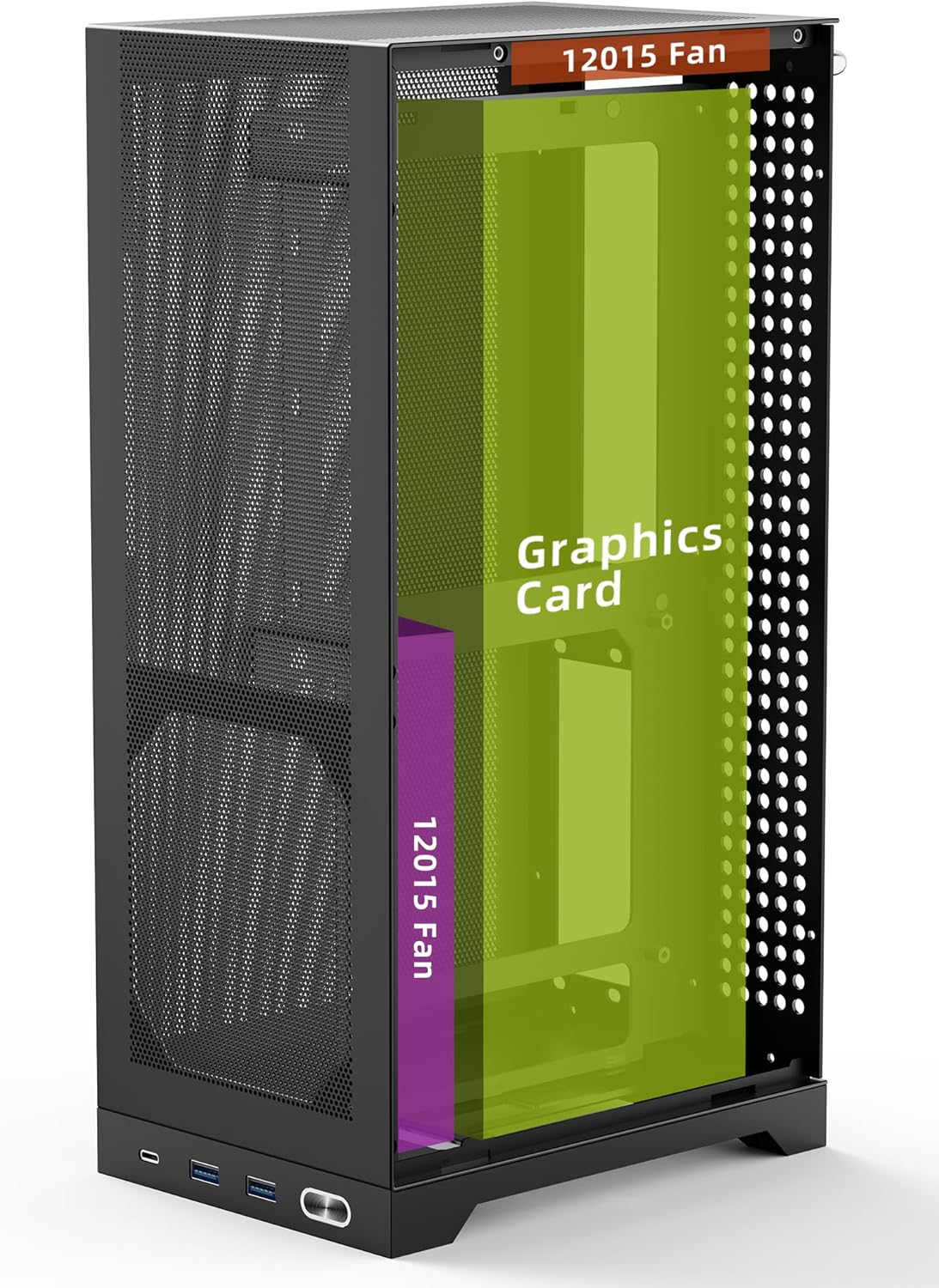 Internal view of the SHINYSNAKE L300 PC case showing a vertically mounted graphics card and cooling fans.