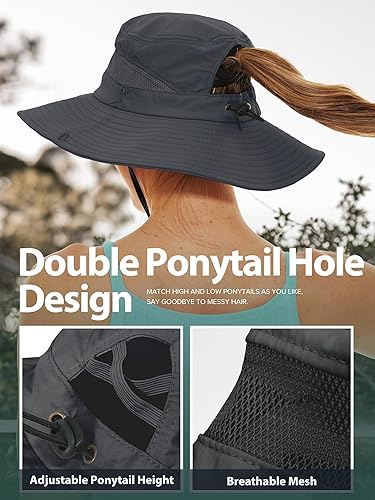 Miniatura 8 de Sombrero de sol con agujero para cola de caballo para mujer, protección UV UPF 50+, ala ancha, safari, hking, impermeable, plegable, sombrero de