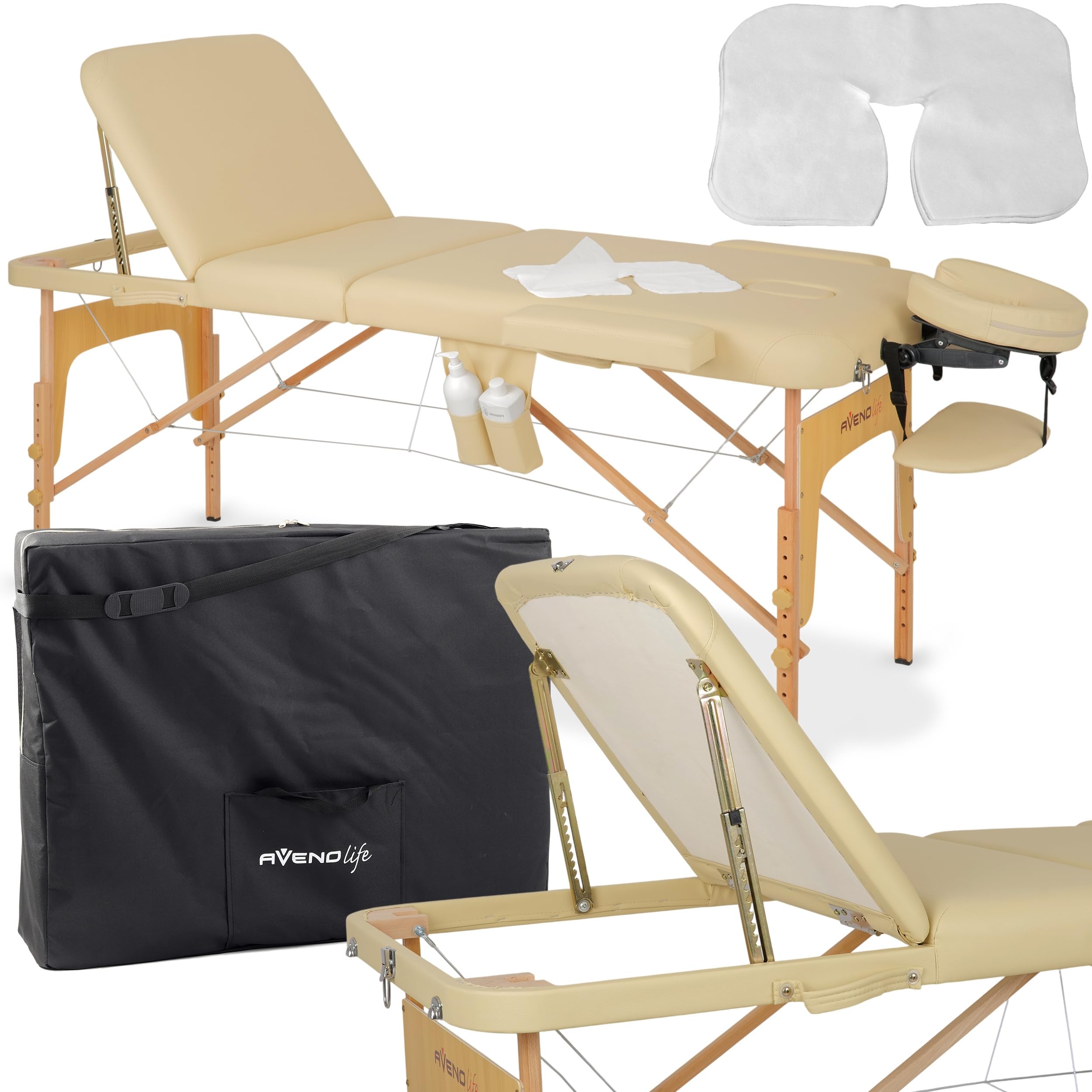 HABYS Mobile Massageliege Klappbar aus Holz 3 Zonen 185×70cm Verstellbare Rückenlehne 48° Massagetisch mit Kopfstütze Tragetasche bis 250 kg