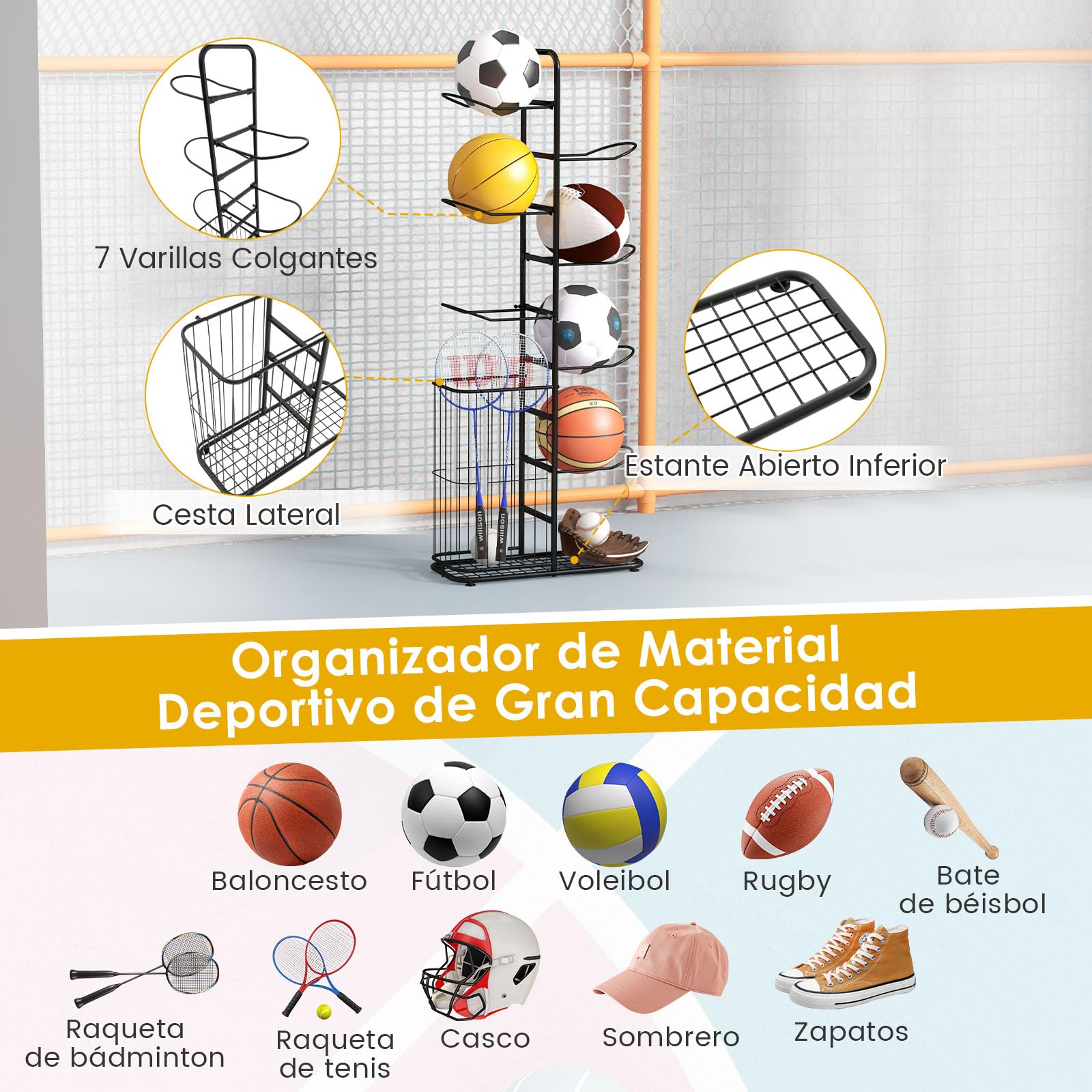 GOPLUS Estante para Pelotas de 7 Niveles, Soporte Vertical Independiente con Cesta Lateral y Barras Colgantes Extraíbles, Organizador de Equipos Deportivos para Baloncesto Fútbol Voleibol Rugby