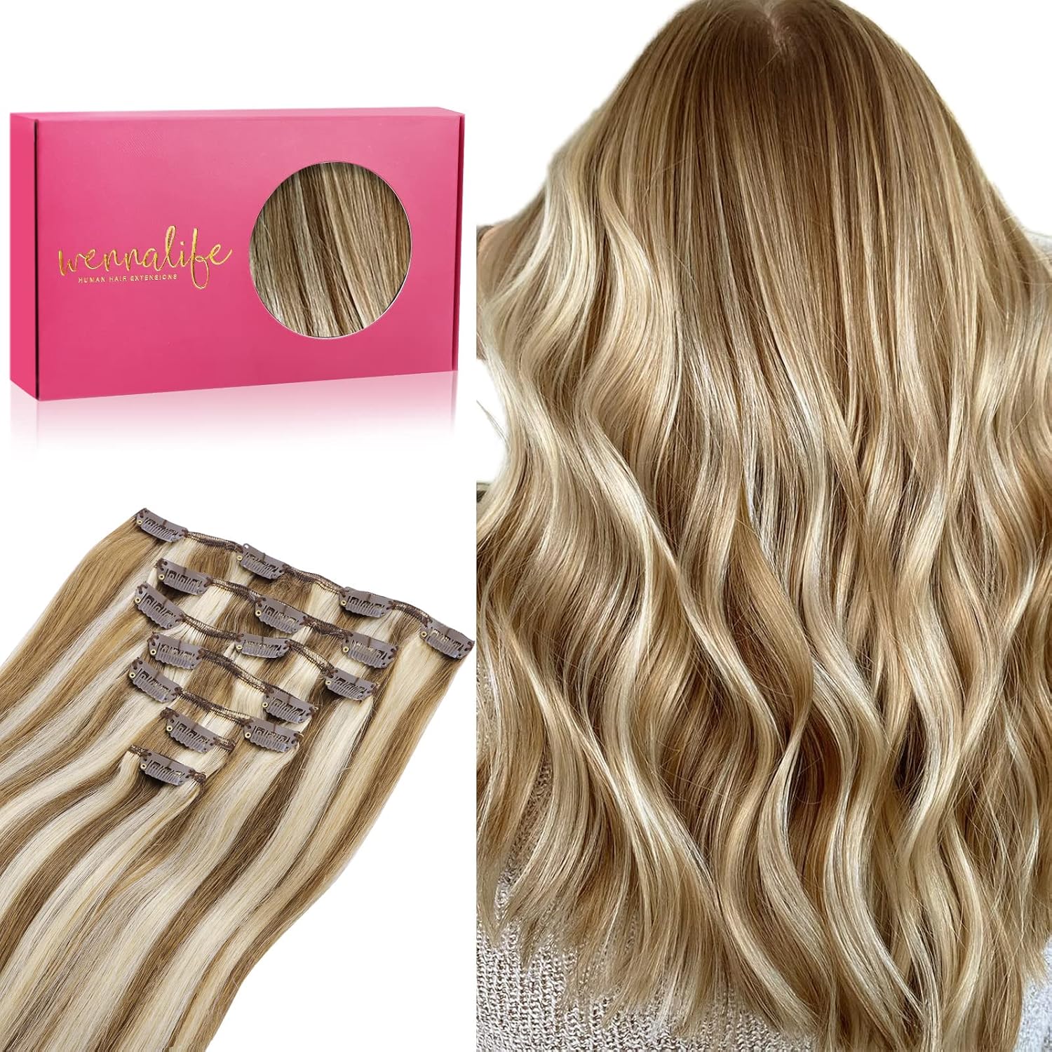 WENNALIFE Clip in Hair Extensions Real Human Hair, 22 Inch 130g 7pcs Ash Brown with Platinum Blonde Highlights Remy Hair Straight Natural Extensiones De Cabello Humano Con Clip Ins