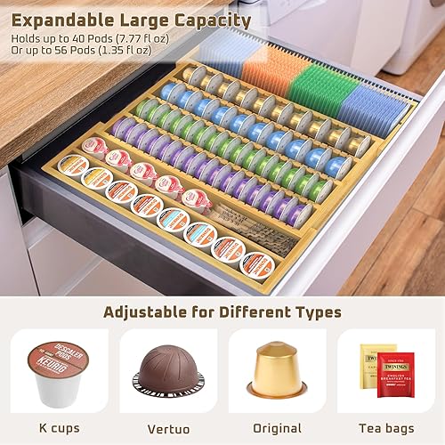 Miniatura 6 de Soporte de almacenamiento de cápsulas de café de bambú, bandeja organizadora de cápsulas de café expandible para inserto de cajón de mostrador,