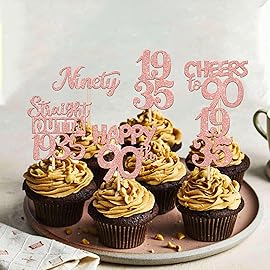 30PCS 90th Birthday Cupcake Toppers Glitter Nighty 90 Fabulous Happy 90 Straight Outta 1935 Cupcake Picks for 90th Birthday Anniversary Party Cake Decorations Supplies Rose Gold