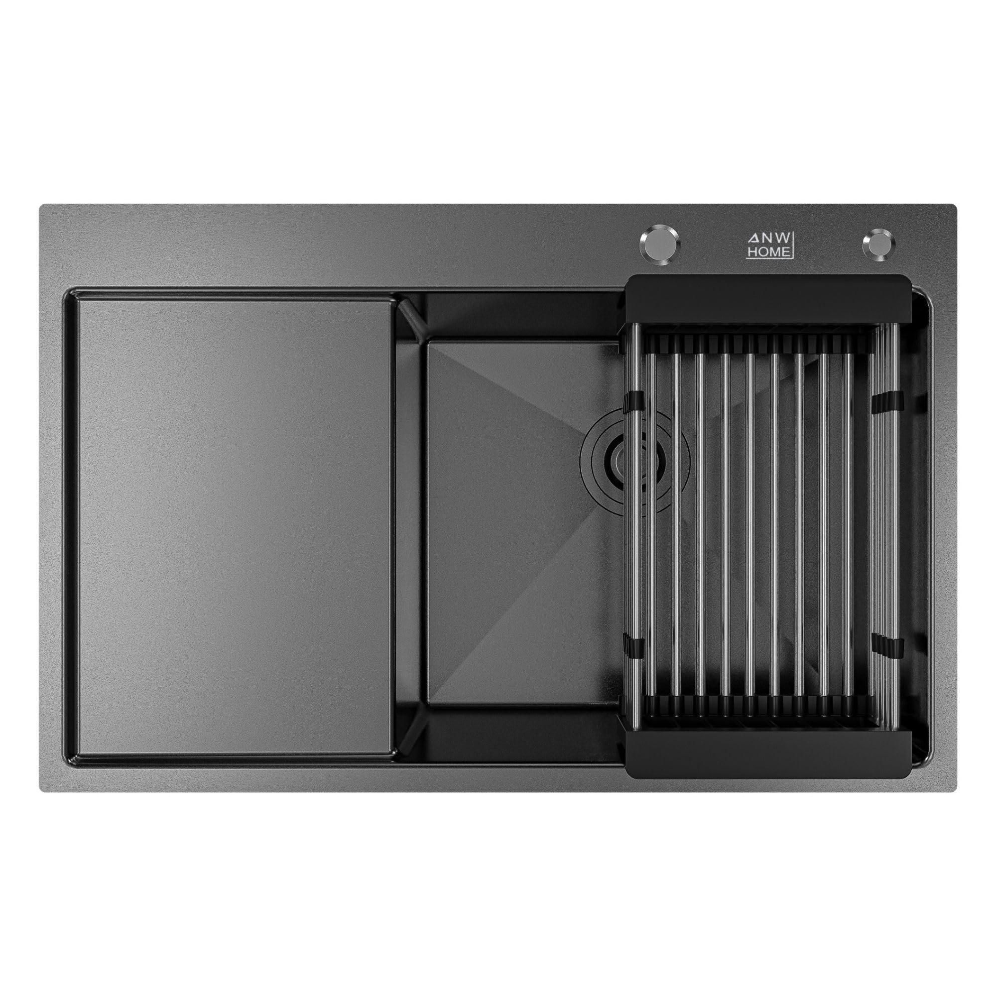 ANW HOME Evier Cuisine 1 Bac, Evier Inox, Évier à Encastrer avec Égouttoir 78x50 cm, Graphite PVD, Finition Nano, Épaisseur 3,0+1 mm