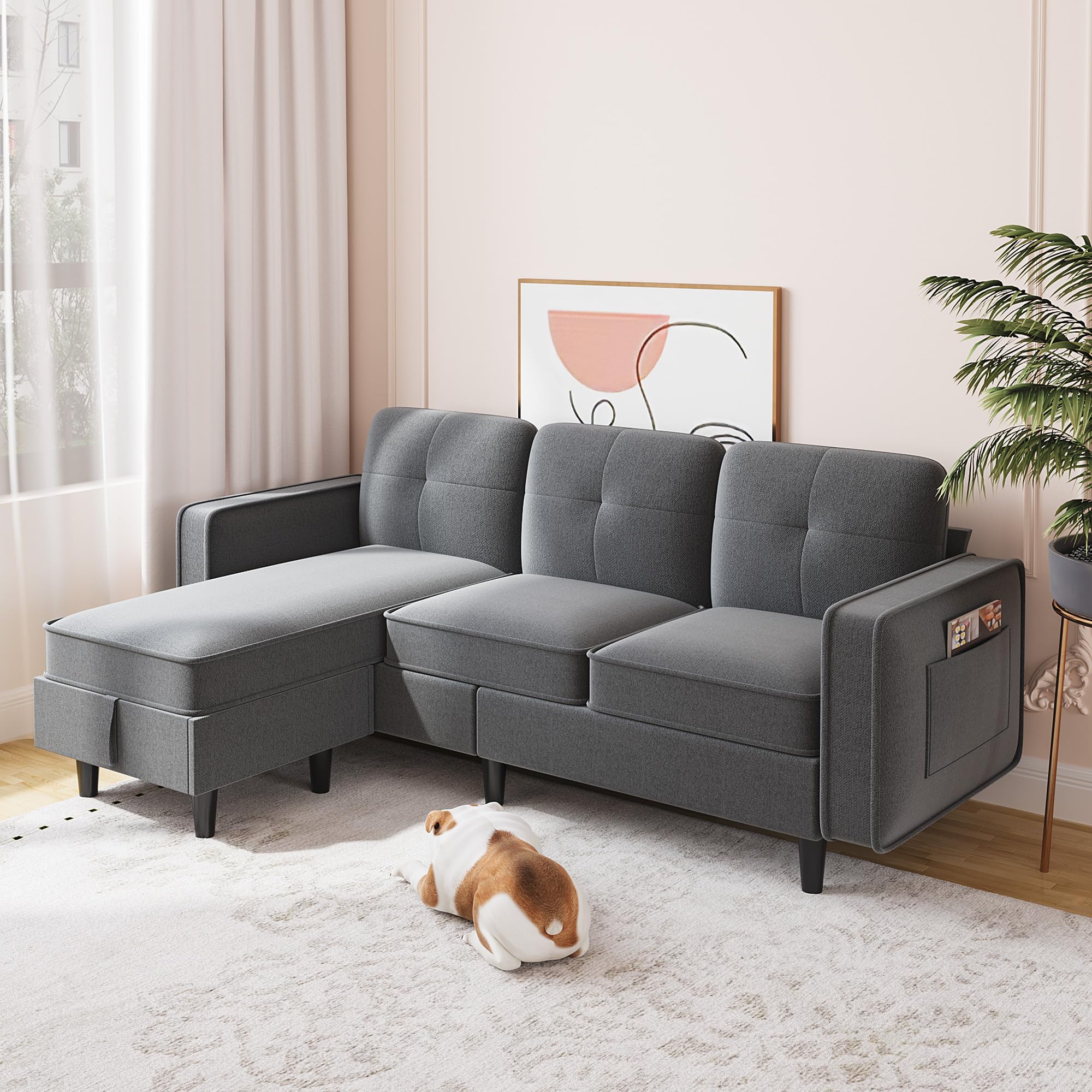 HNEBC Convertible Sectional Couches for Living Room, L-Shaped Sofa with Storage Ottoman, Grey Sectional Sofas for Living Room/Bedroom/Office/Small Space (Grey)