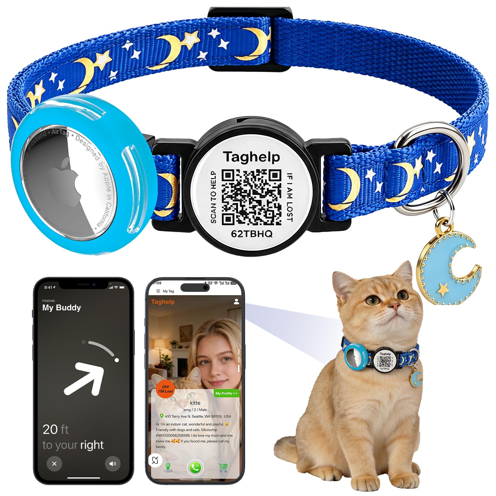 Waterproof Airtag Cat Collar Breakaway with Bell,Moon and Stars Pendant,Reflective Kitten Collar with Apple Airtag Holder,Safety Buckle for Girl Boy