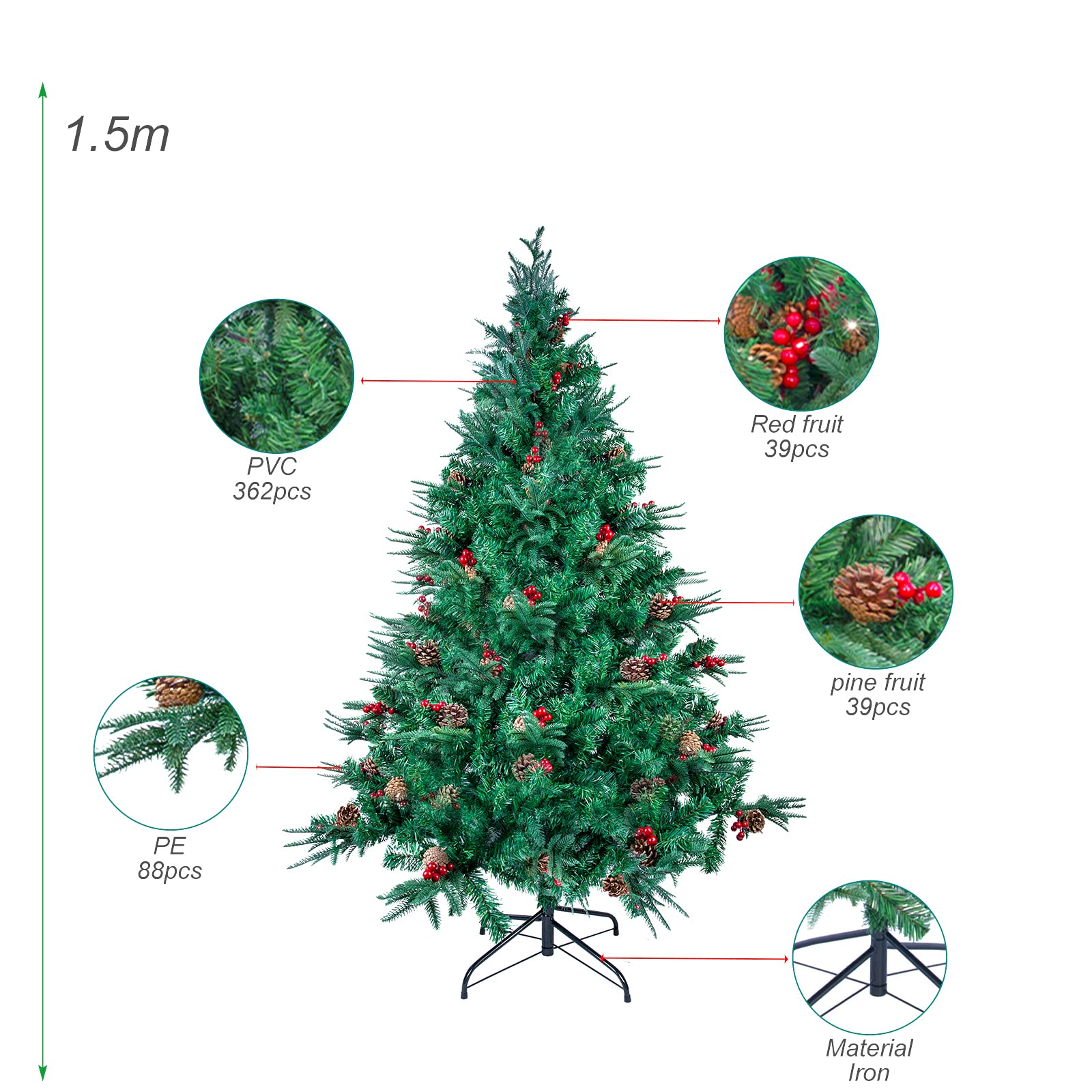 himaly Sapin de Noël Artificiel Pin avec 362 Tronc Vert en Matière PVC, 88 Tronc Vert en Matière PE, 150cm, 39 Pommes de Pin et 39 Fruits Rouges, Décoration de Maison Hôtel Boutique