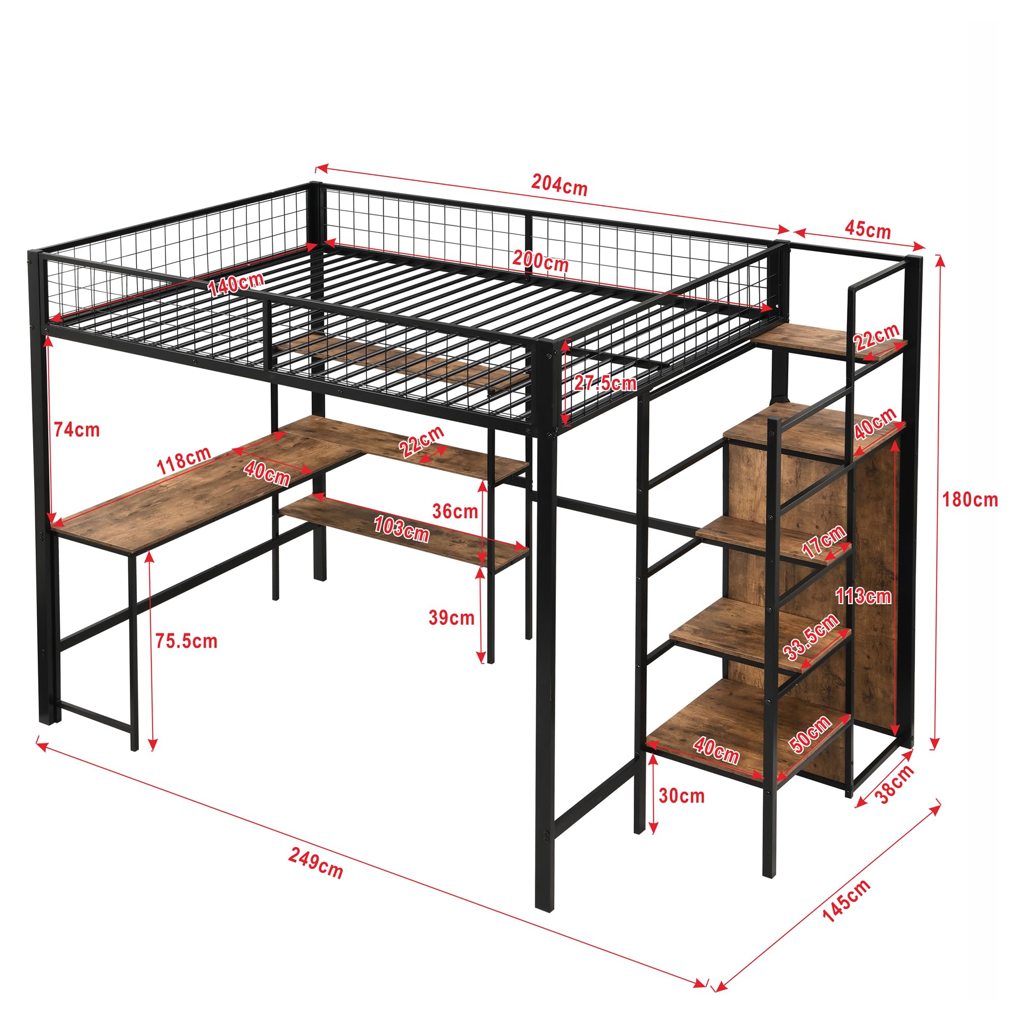 Etagènbed 90x200cm Zonder Matras Stapelbed Wit Ijzer MDF Met Bureau En Planken Met Zijladder En Traphekje Voor Kinderen En Tieners