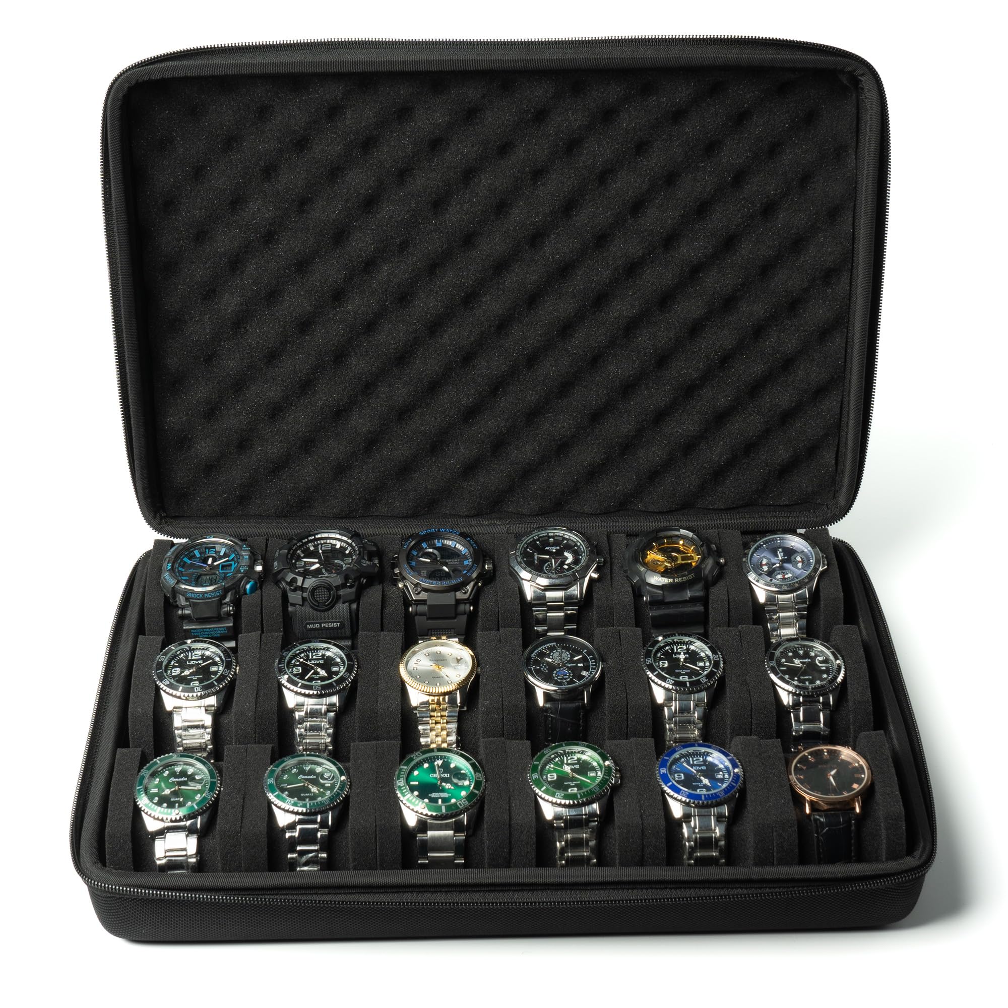 AUKURA Watch Travel Case, Hard watch Storage organizer Box, fit large and small watches, padded watch holder (BLACK, 18 SLOT)