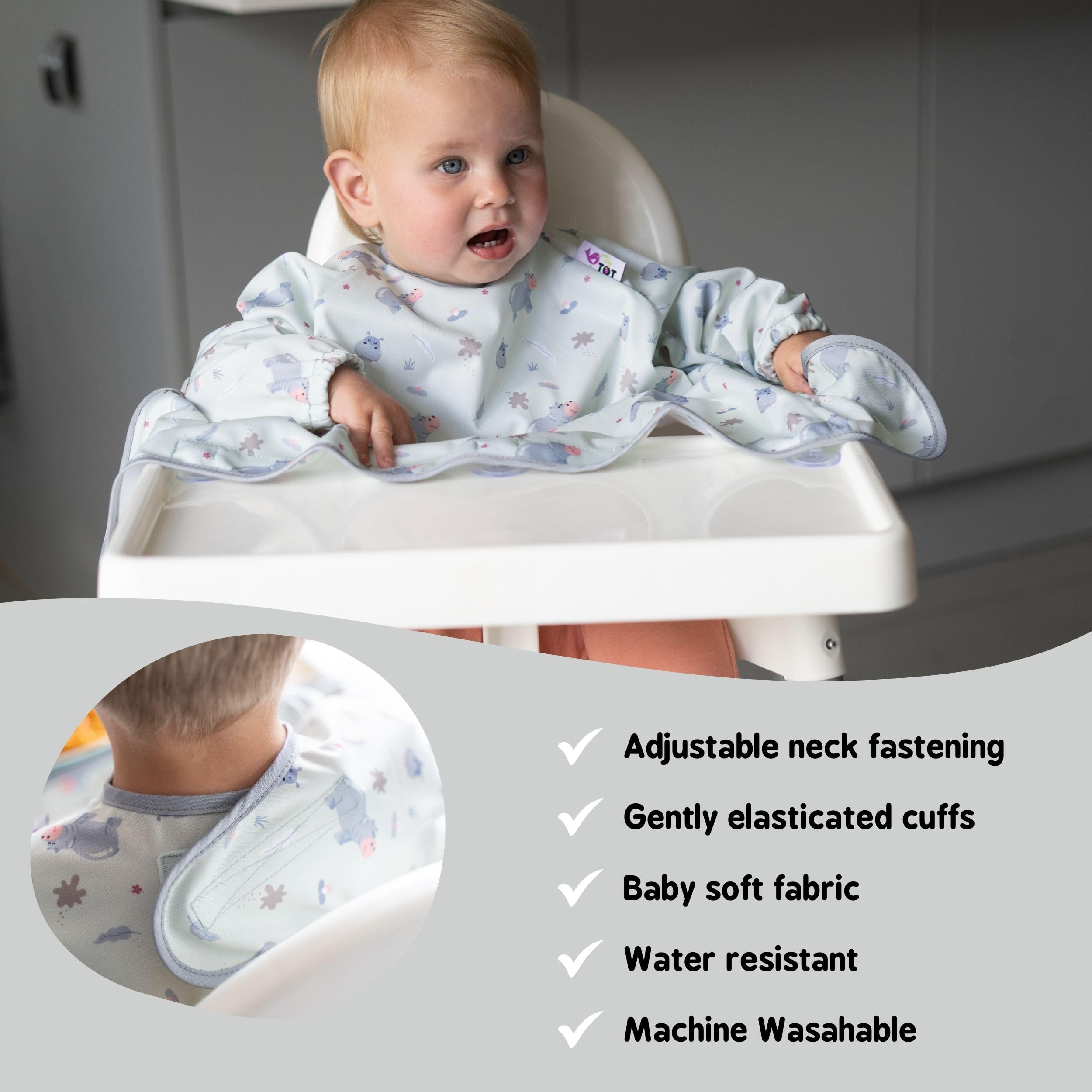 Tidy Tot®™ Cover & Catch™ Weaning Bib with Sleeves. Attaches to Highchairs with Suction for Mess Proof Baby Feeding. Waterproof Long Sleeved Bibs. Coverall BLW Bibs - Image 3