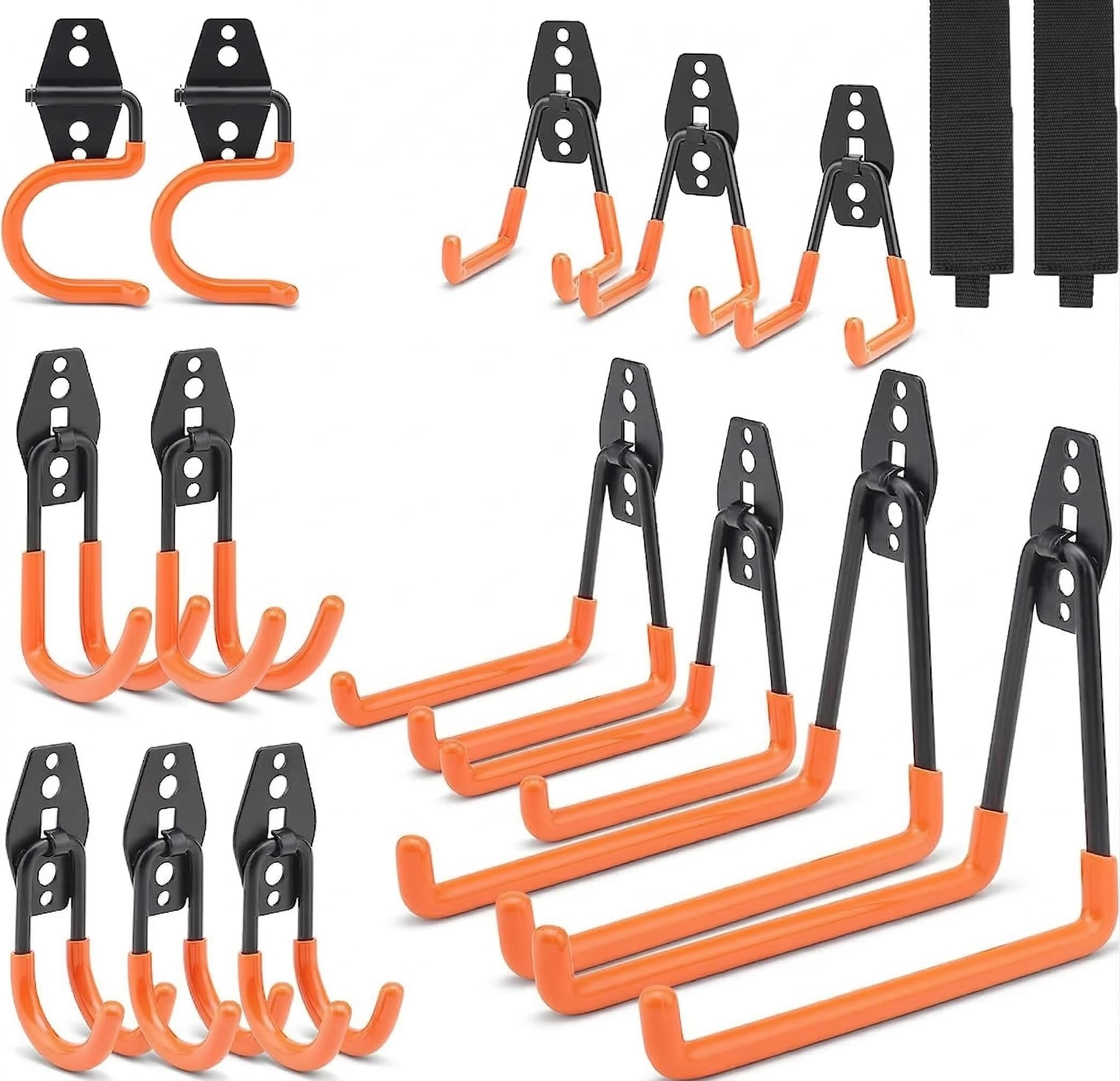 16 Pack Heavy Duty Garage Hooks, Triple Welded Wall Mount Utility Hangers with Extension Straps, 100 Lbs Capacity Utility Hook Tool Organizer for Garage Makeover, Garden, Shed, Hose
