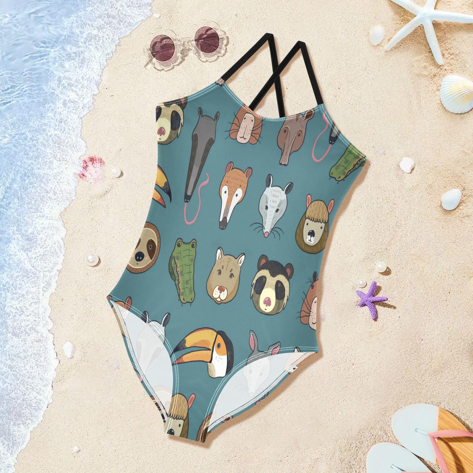 South America Animals Sloth Fox Girls One Piece Swimsuit Beach Swimwear Quick Dry Kids Bathing Suits 7-8T