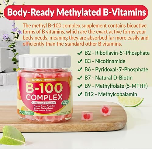 Miniatura 5 de Gomitas de complejo súper vitamina B, todas las vitaminas B, incluyendo metilo B12, B1, B2, B3, B5, B6, biotina, metilfolato con vitamina C, colina,