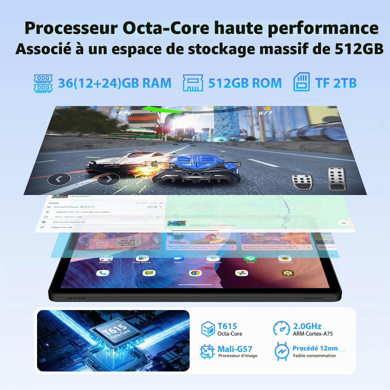 Tablette 11 Pouces Android 16 avec 36Go RAM+512Go ROM (2TB TF),4G LTE & 5G WiFi,Octa-Core 2.0GHz,8000mAh, 13MP+8MP/Widevine L1/Gemini AI/GPS/Face ID/BT 5.0, Tablette Tactile avec Clavier,Noir