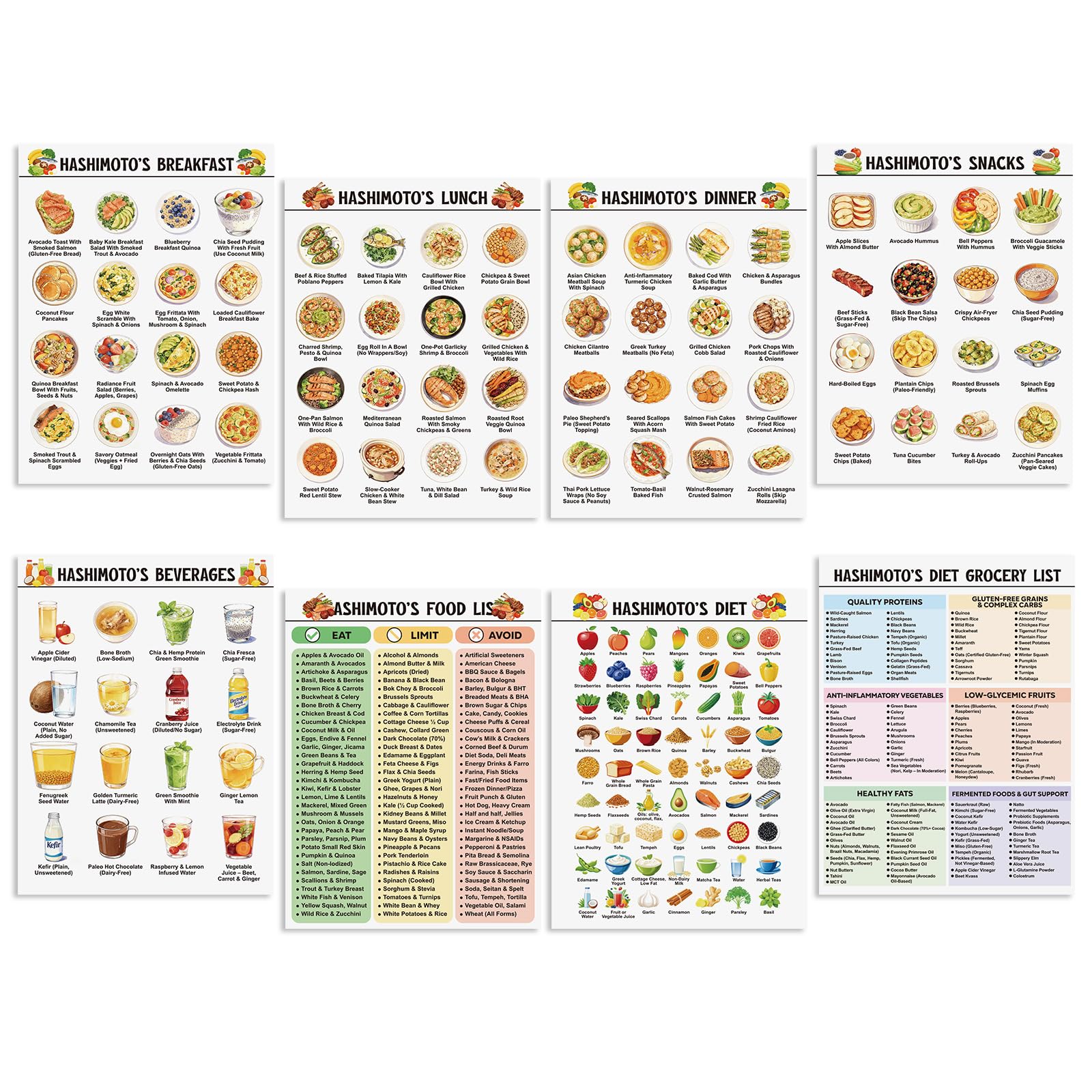 Honoson 6 Pcs Food List Poster Iron Rich Foods Chart 8.5x11 Healthy Nutritional Eating Guide Patient Education Diet Chart for Pregnant Women Hospital Kitchen Wall(8 Pcs, Hashimotos Diet Food List) โ image 1