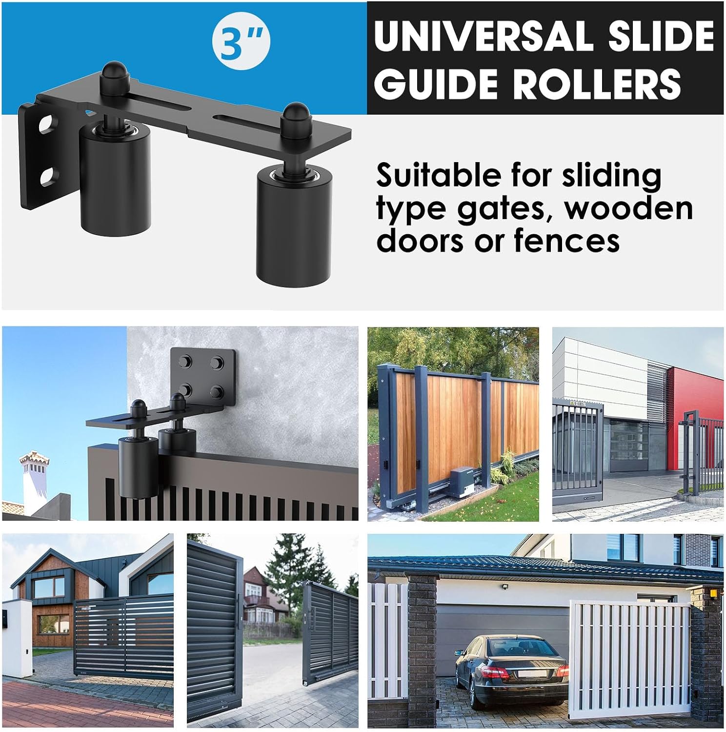 Heavy Duty Slide Gate Roller Guide with Steel L Rear Post Bracket, Adjustable Nylon Roller Guide, Rolling Gate Hardware kit for Sliding Door, Rolling Door, Wood Door (Black-1pc, 3in)