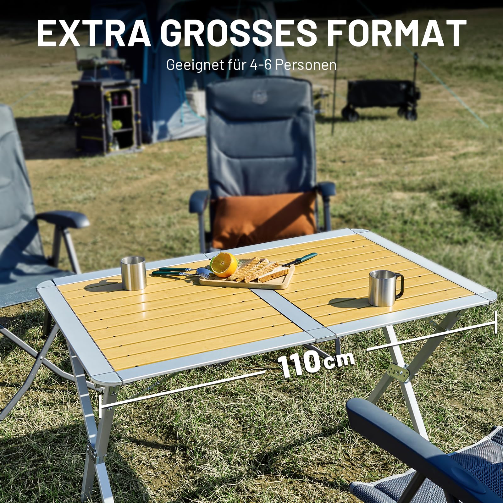 TIMBER RIDGE Campingtisch Klappbar Aluminium Klapptisch für 4-6 Personen Falttisch mit Aufrollbare Tischplatte Faltbar 110x70cm mit Tragetasche Holzoptik für Picknick Garten Camping Balkon