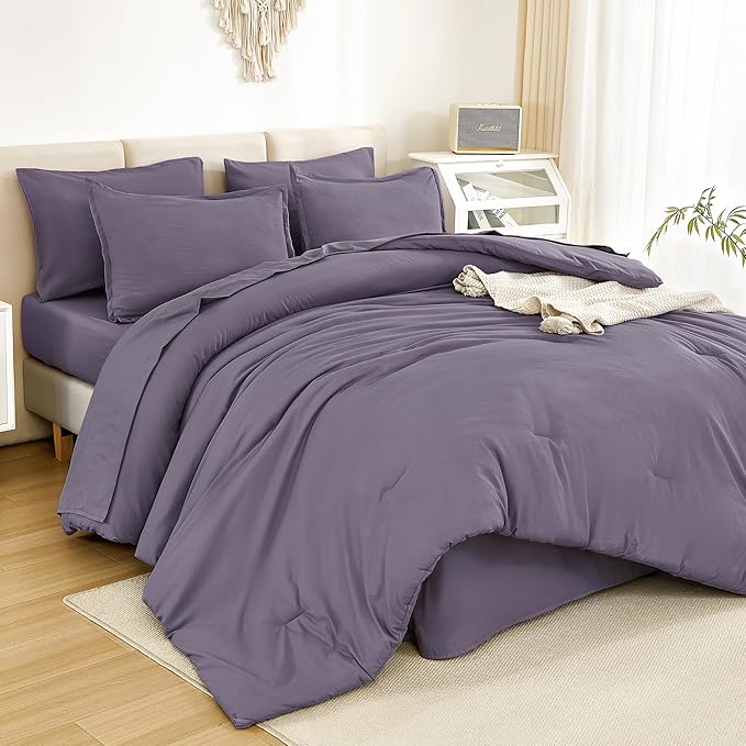 Litanika Queen Comforter Set Grey Purple - 7 Pieces Bed in a Bag Queen Bedding Comforter Sets, Solid Lightweight Bed Set with Comforter, Sheets, Pillowcases & Shams
