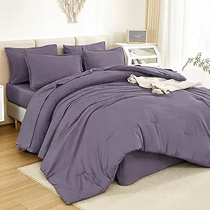 Litanika Queen Comforter Set Grey Purple - 7 Pieces Bed in a Bag Queen Bedding Comforter Sets, Solid Lightweight Bed Set with Comforter, Sheets, Pillowcases & Shams