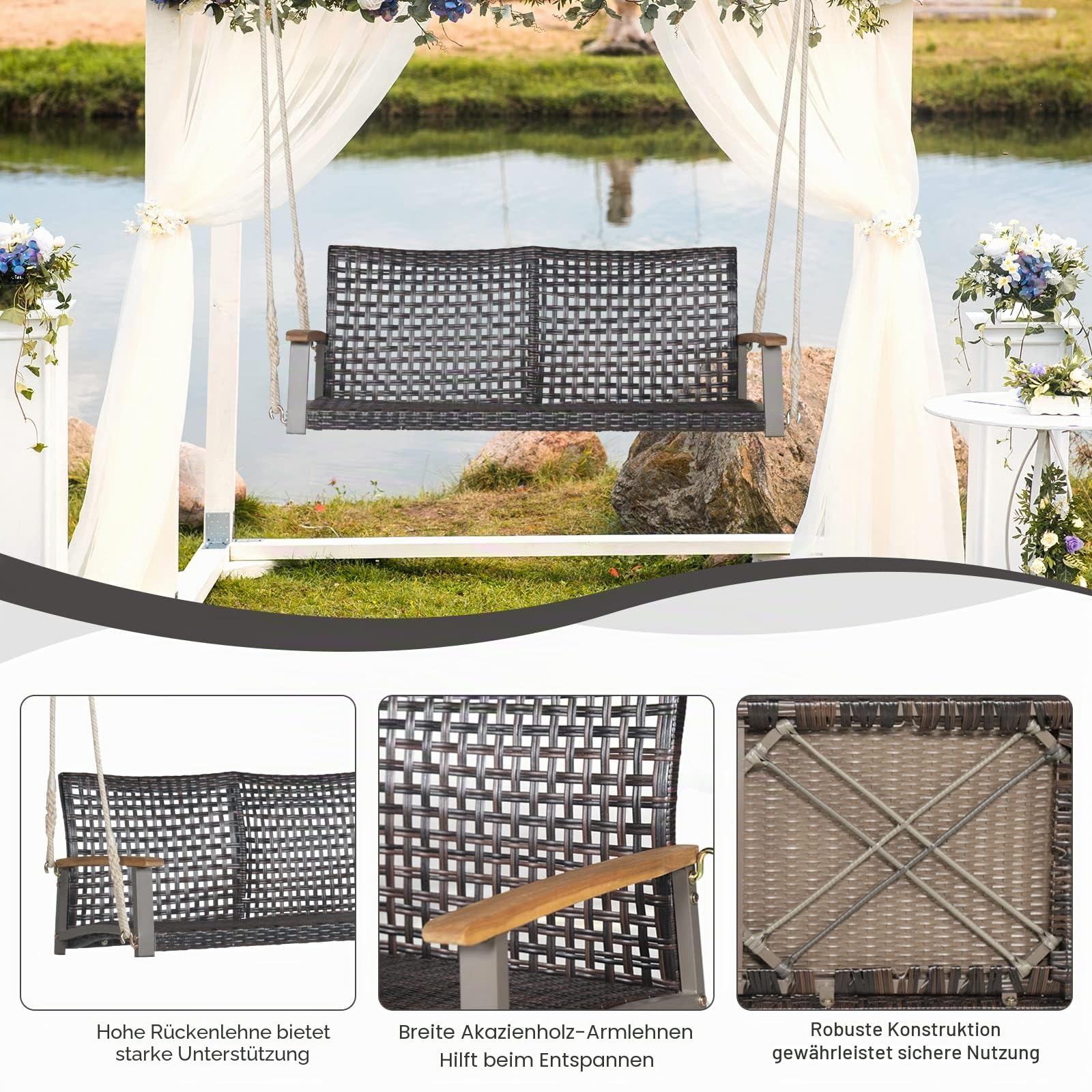 GIANTEX Schaukelbank Outdoor 2 Sitzer, Hängebank PE-Rattan, Gartenschaukel Veranda-Schaukel zum Aufhängen, bis 360 kg belastbar, Hollywoodschaukel Schaukel für Balkon Veranda Terrasse