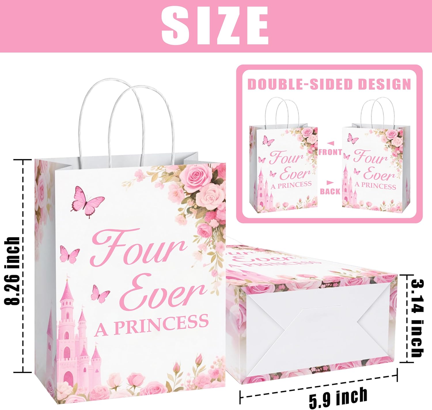 SJcysrilla 20PCS Four Ever A Princess Goodie Bags Princess Themed 4th Birthday Party Decorations Treat Bags with Handles Castle Themed 4 Years Old Birthday Party Supplies - Image 2