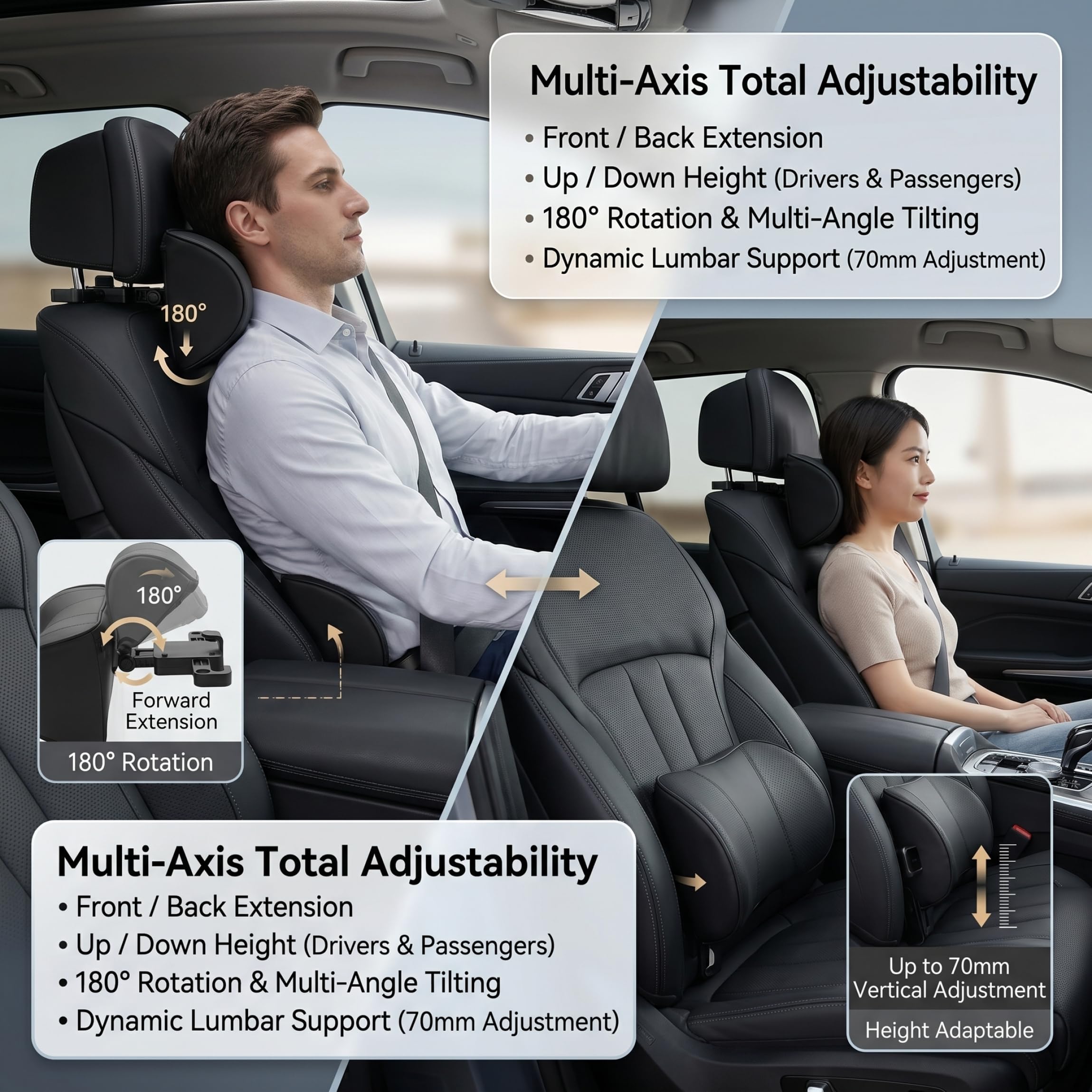 Accessoires de siège, support de cou voiture, oreiller d'appui-tête voiture réglable en 6 directions avec support téléphone et crochet, oreiller en mousse à mémoire forme en cuir pour la