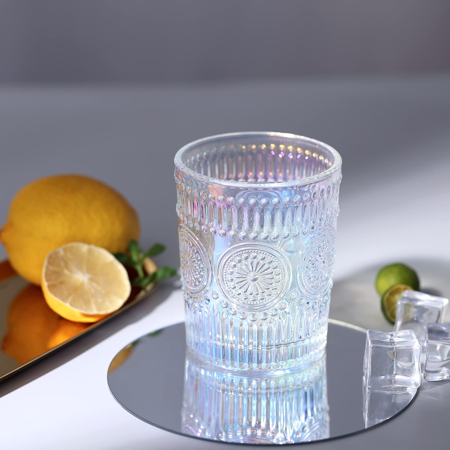Iridescent Drinking Glasses Set of 6300ml Embossed Water Glasses