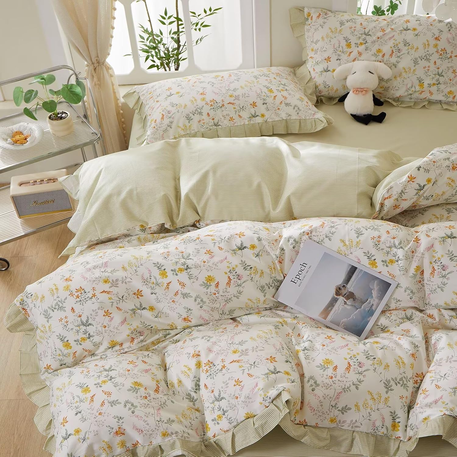 Green Floral Duvet Cover Set Twin Size 68"×86",100 Cotton Duvet Cover with 2 Pillowcases,Rustic Ruffled Zipper Bedding Set for Kids Teen Girls,Breathable Soft Comforter Covers 68"×86"