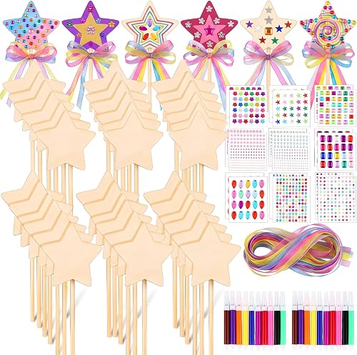 Sivak 114 Pcs Star Fairy Princess Wands Kit Make Your Own Princess DIY Art | Craft Magical Wand Include 36 Star Wooden Fairy 18 Gem Stickers 40 Ribbons 20 Markers Party Supply