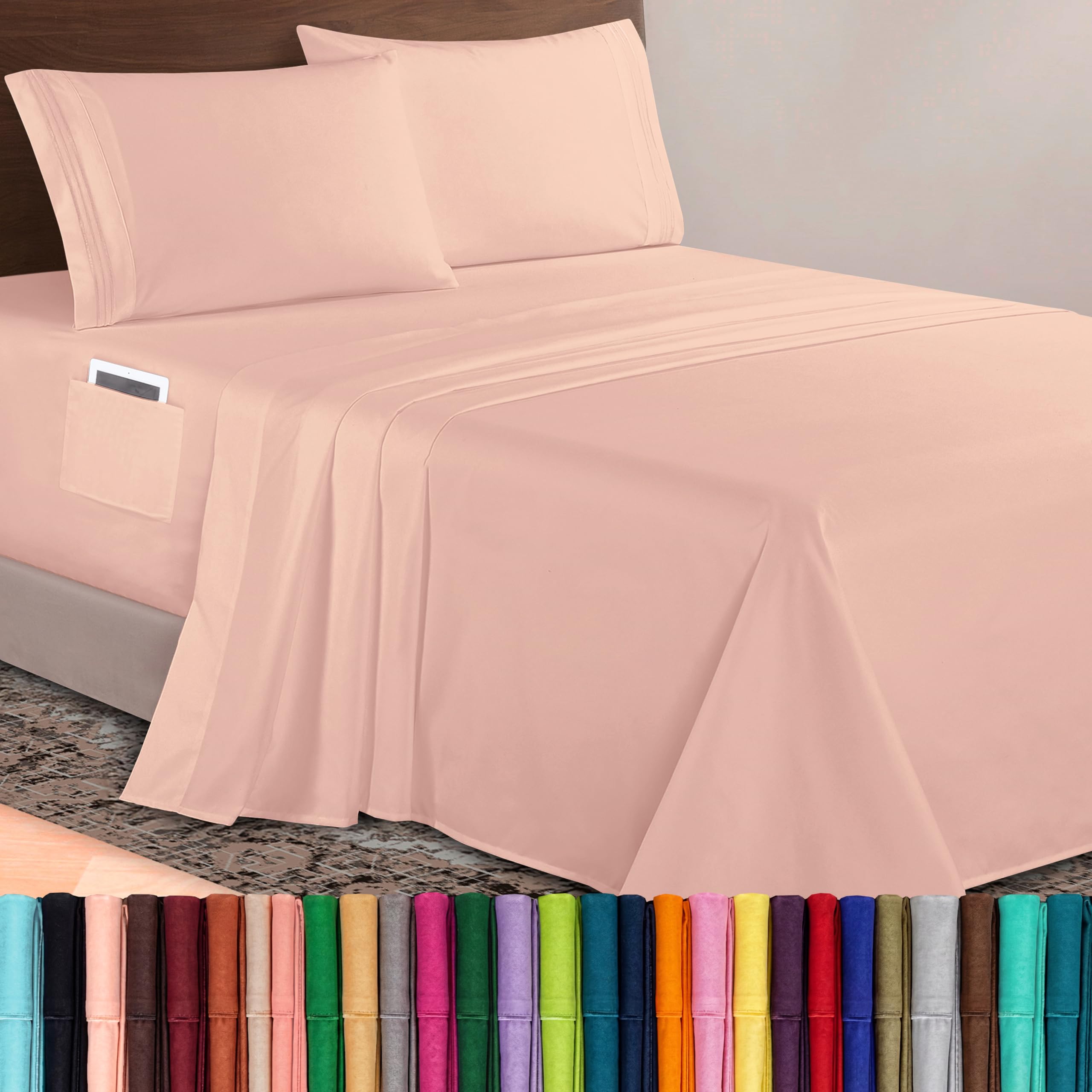 Elegant Comfort Luxurious 1500 Premium Hotel Quality Microfiber 4-Piece Sheet Set, 18-24 Inches Deep - Extra Deep Pocket Sheets - Ultra Soft 4PC Deep Pocket Sheets, Queen, Blush