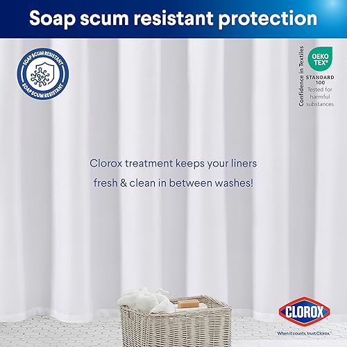 Miniatura 7 de Clorox Cortina de ducha de baño 2 en 1 con ganchos de metal, tela duradera, imanes pesados para control del agua del baño, lavable, calidad premium,