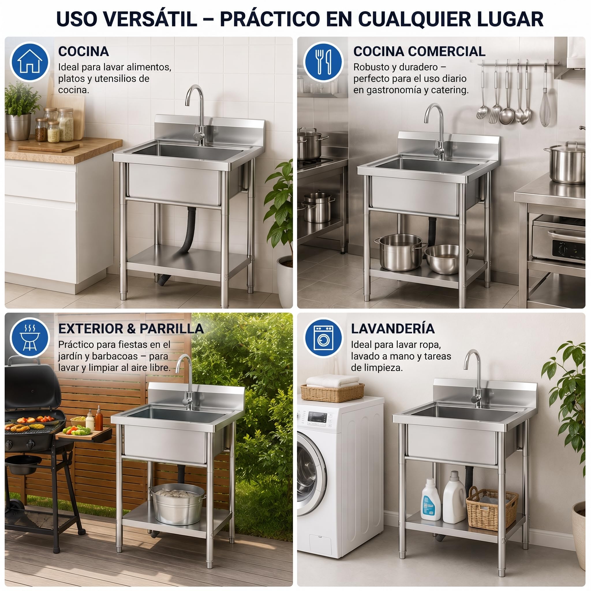 RiveraSink Fregadero Inox Autoportante 50x50 cm 1 Cubeta Exterior | Acero Inoxidable, Salpicadero Trasero, Grifo Incluido, 1 Cubeta Amplia, Patas Regulables, Kit de Desagüe, Uso Exterior