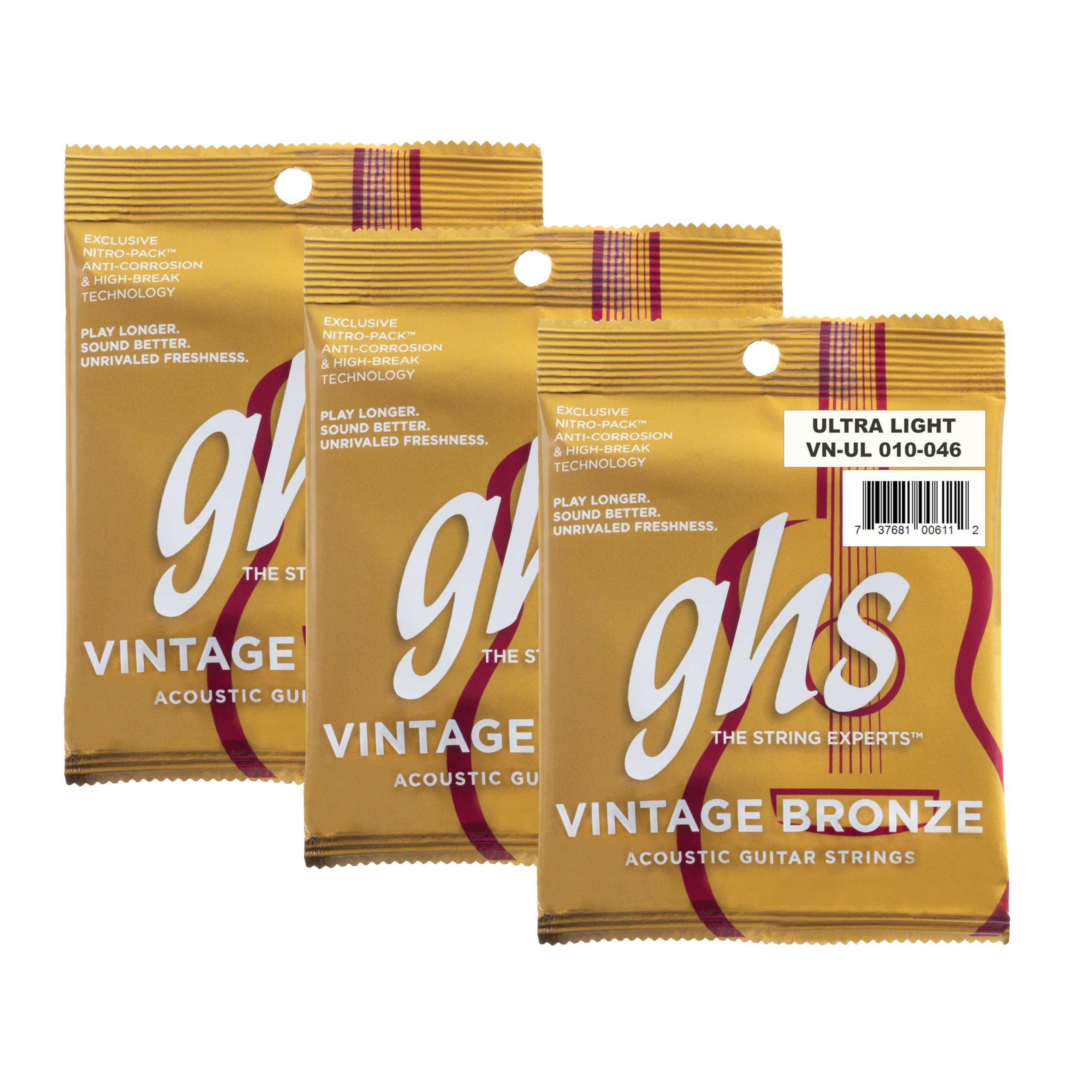 GHS Vintage Bronze Akustikgitarrensaiten - 80/15 Bronze Wrap - Warmer, holziger Vintage-Ton - Glatte Haptik & ausgewogene Spannung - USA Made - Fresh Sealed - Ultra Light (10-46) - 3 Stück
