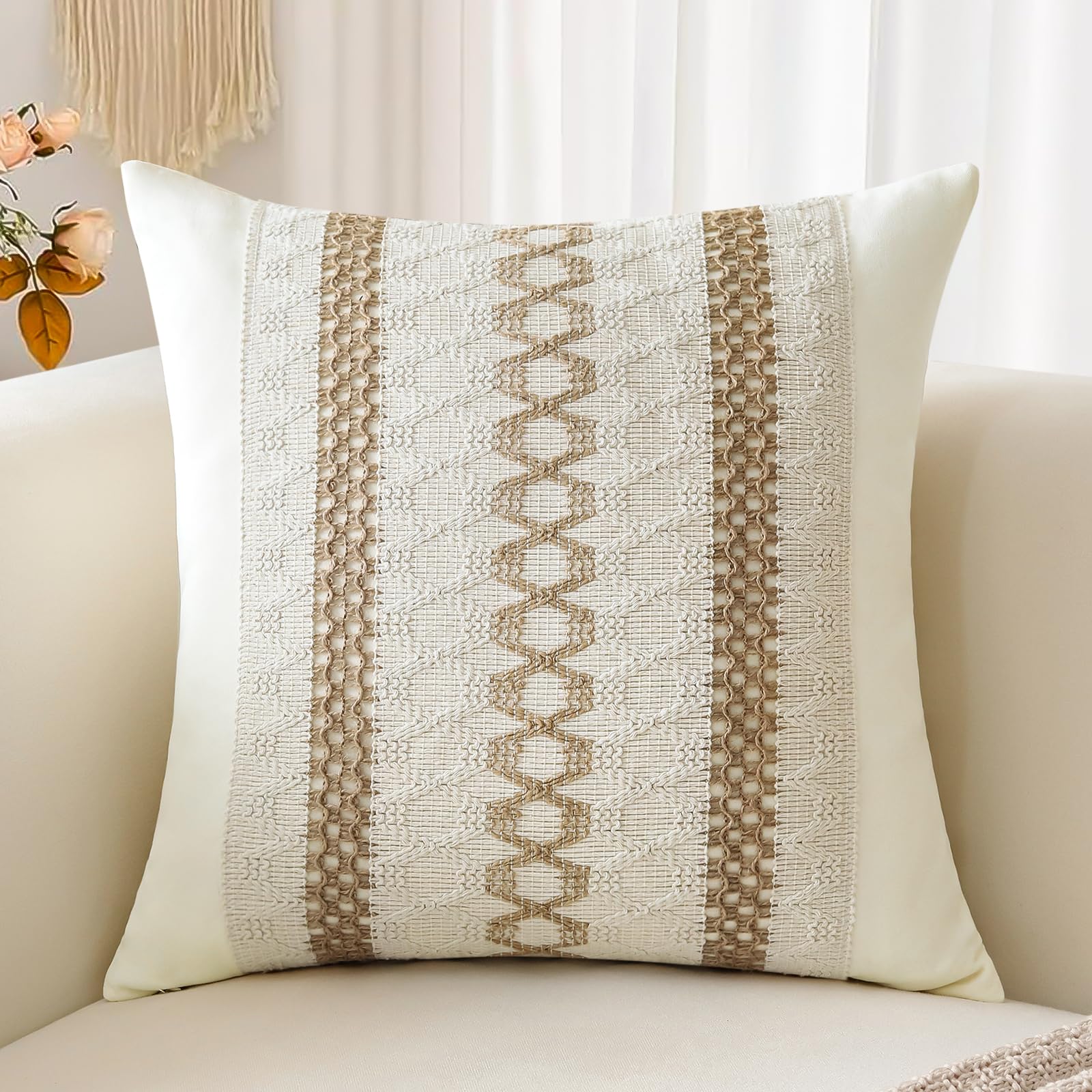 Sungeek Boho Decorative Cushion Cover 45x45cm, Cotton & Burlap Textured Striped Woven Bohemian Farmhouse Throw Pillow Cover Pillowcase for Sofa Couch Living Room, Triple Striped, 1 PCS