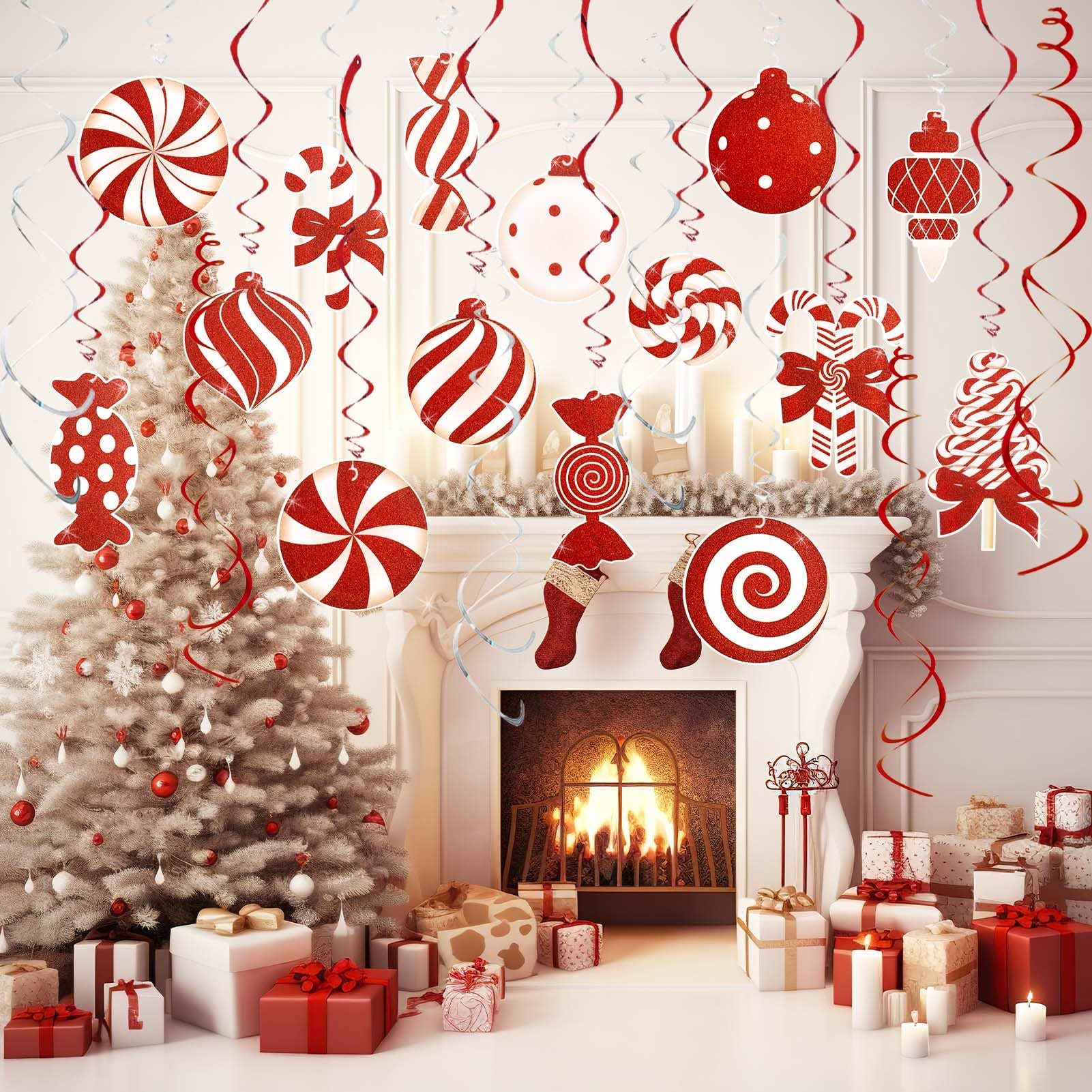 Decoraciones de Navidad para el hogar, 36 piezas de decoraciones colgantes de caramelo, dulces de Navidad, remolinos colgantes de techo para árbol, hogar, decoración de vacaciones de invierno,