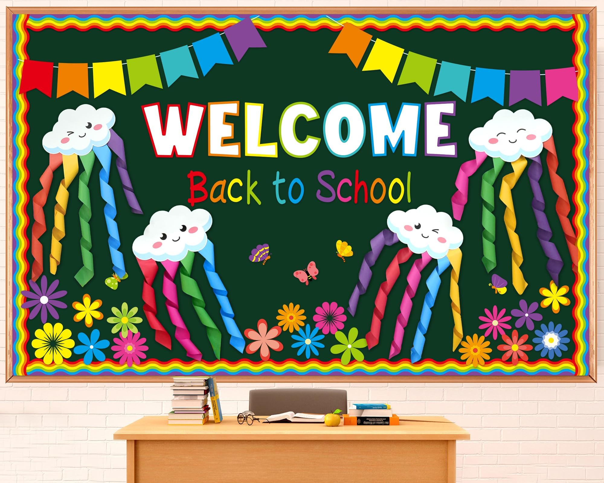 3D Back to School Bulletin Board Set Welcome Rainbow Classroom Decorations Classroom Flower Paper Cutouts for Cloud Paper Streamers Chalkboard Wall Door Decor Teacher Supplies