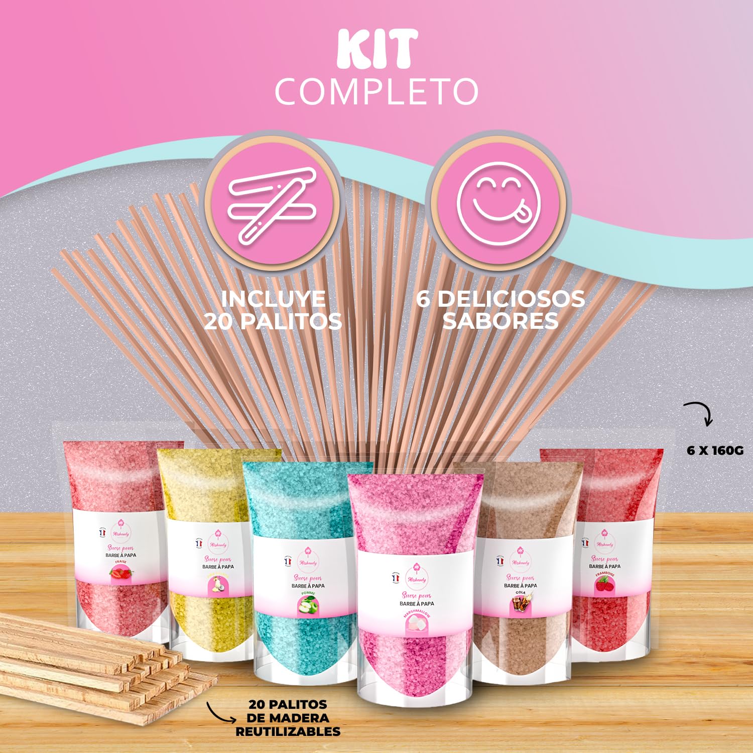 Misskandy, algodón de azúcar para la máquina (6 * 160 Gr) / sabores:fresa,pina colada, manzana, malvavisco, cola, frambuesa + 20 barritas de (30 cm)