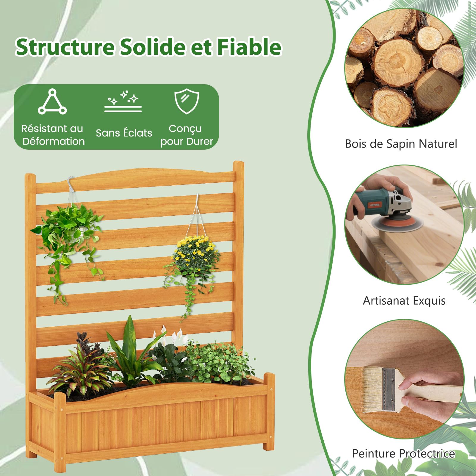 RELAX4LIFE Jardinière Surélevée avec Treillis, Bac à Fleurs avec Treillis pour Plantes Grimpantes, Fond Amovible, Trous de Drainage, Montage Modulable, Utilisable comme Clôture de Jardin/Brise-Vue
