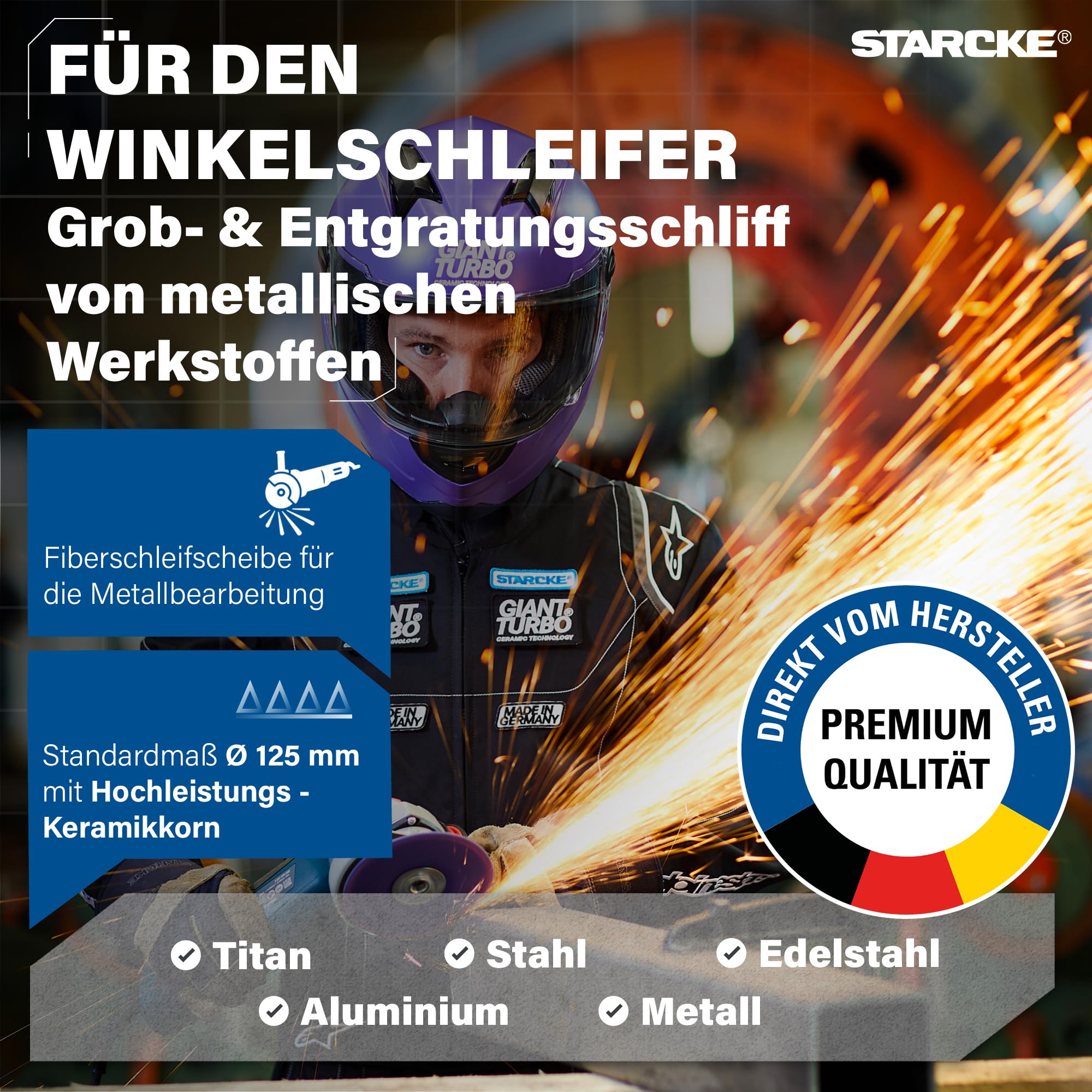 STARCKE® Fiberscheiben 125mm Metall für Winkelschleifer [25x] SET mit Stützteller - MADE IN GERMANY - GIANT TURBO - Fiberscheibe & Flexscheibe - für Stahl, Edelstahl, Aluminium, Titan (P36)