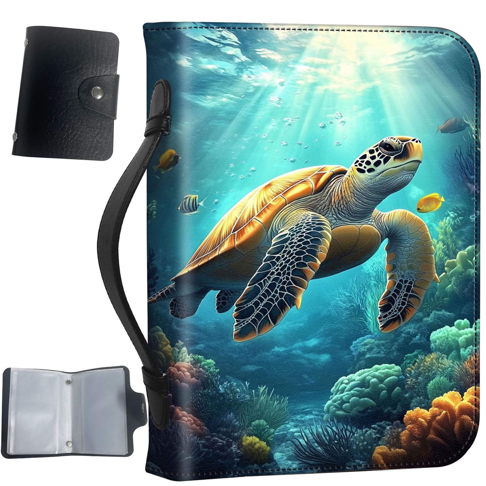 PU Leather Bible Cover with Handle & Pockets, Large Capacity Bible Case, Water-Resistant Scripture Organizer Bag with Bonus Card Holder, Christian Gift for Women & Men, Sea Turtle