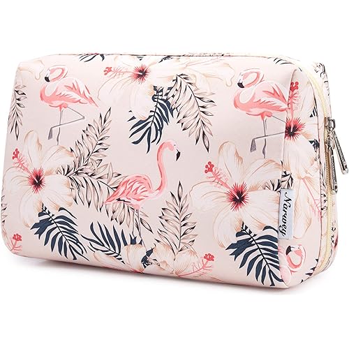 Narwey Cute Makeup Bag Travel Cosmetic Bag Organizer Toiletry Bag Make Up Bags with Compartments for Women Girls (Large, Beige Flamingo)