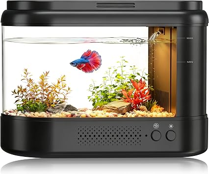 Betta Fish Tank 0.7 Gallon Acrylic Small Fish Tank Kit with Water Filter Pump & LED Light,Quiet Office Desktop Fish Bowl for Small Fish,Plants and Shrimp