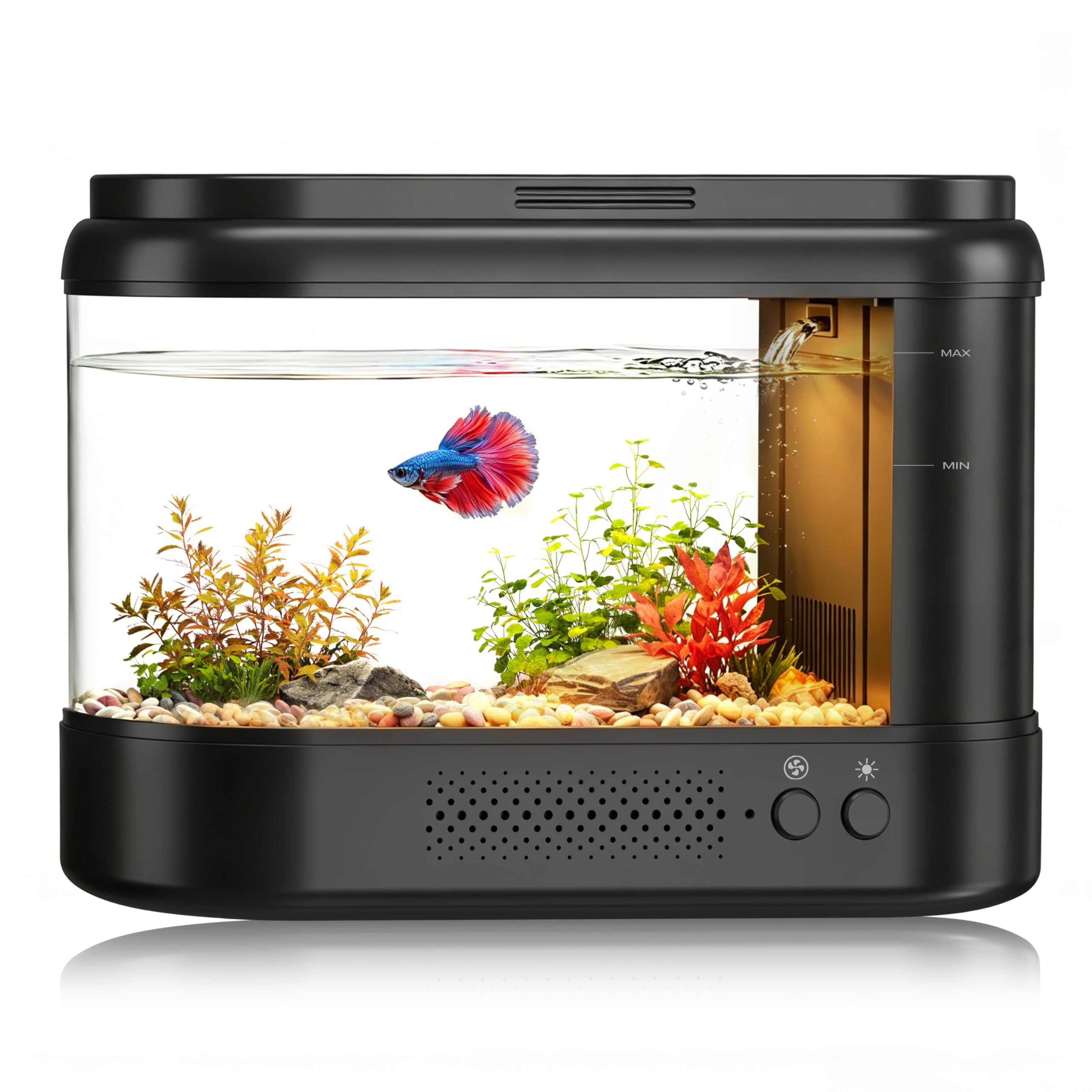 Betta Aquarium-Set, Acryl, klein, 2,5 l, Schwarz | Mit Wasserfilterpumpe und LED-Licht, leises Fischglas für kleine Fische, Pflanzen und Garnelen