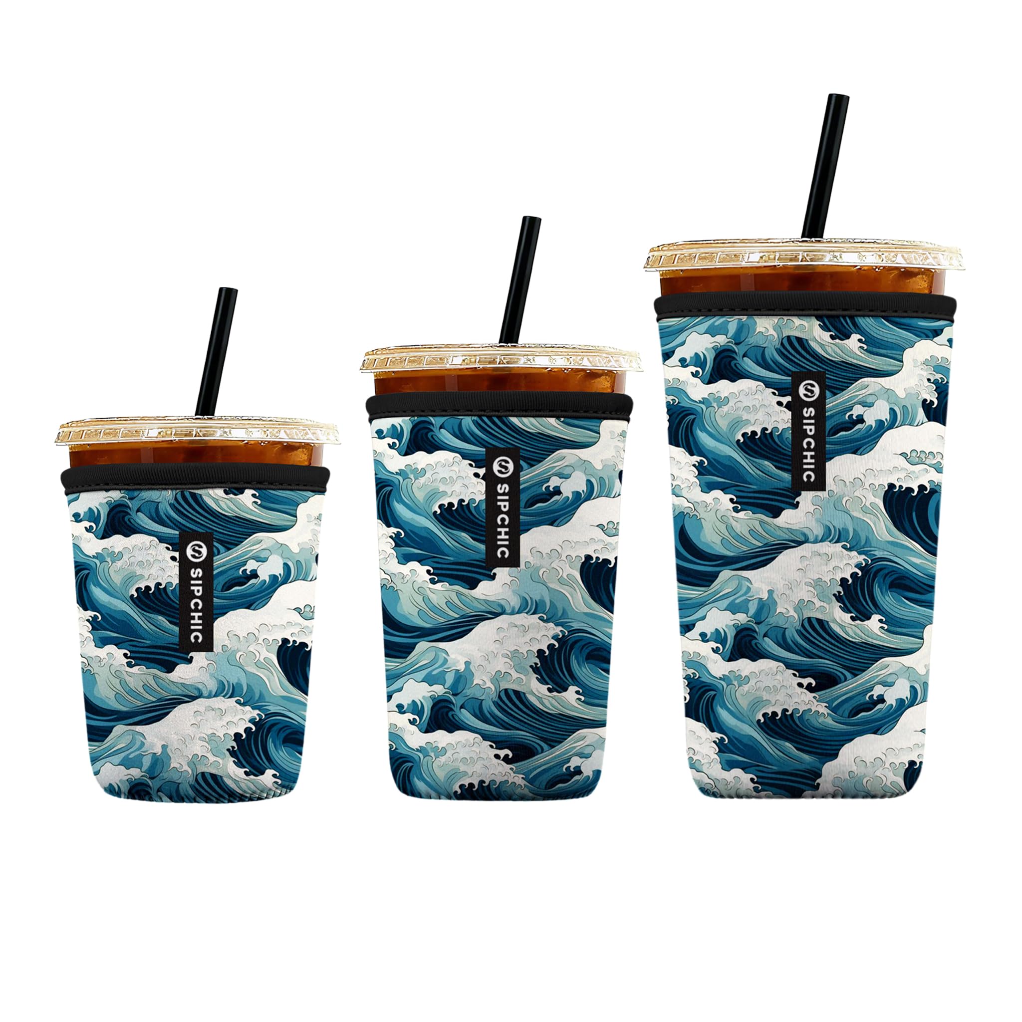 Iced Coffee Sleeve – Neoprene Reusable Cup Sleeves for Drinks, Insulated Drink Sleeves to Keep Hands Dry &amp; Drinks Cold, Stylish &amp; Durable Coffee Sleeves (Ocean Wave, S/M/L 3-Pack)