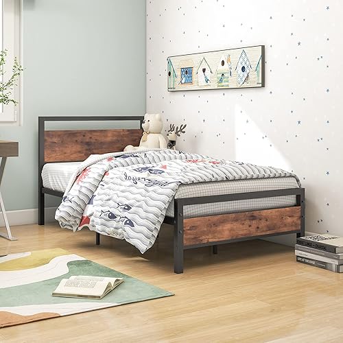 Miniatura 2 de HOJINLINERO Base de cama de metal tamaño individual con cabecera de madera, marco de cama de plataforma individual, listones de acero resistentes,