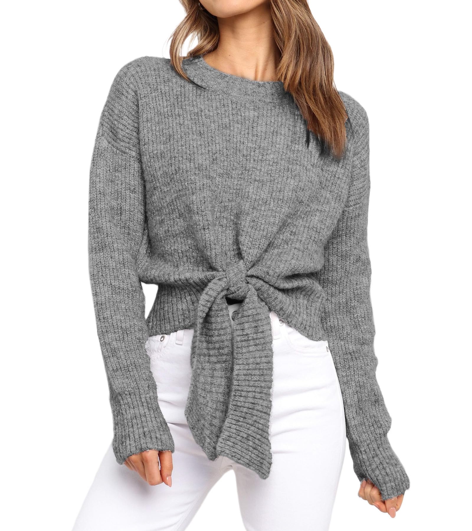Okiwam Womens Long Sleeve Cropped Sweaters Casual Knit Pullover Tie Front Crew Neck Fall Outfits Spring Fashion Clothes